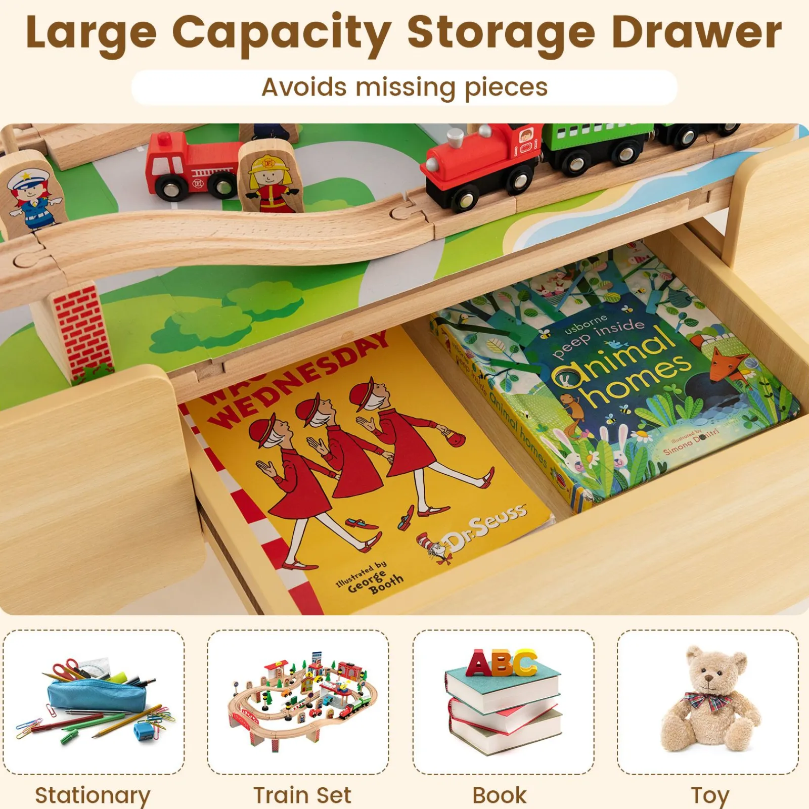 Kinder Little Helper Deluxe großes Montessori 2-in-1 Holzeisenbahn-Set und Tisch | 84-teiliges Zugset