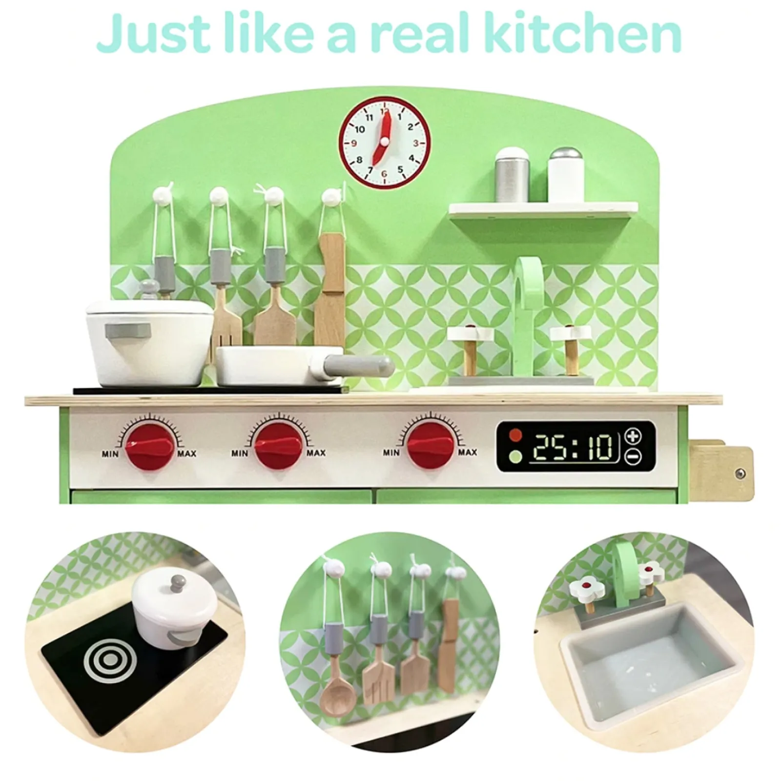 Little Helper Deluxe Montessori Öko-Spielküche aus Holz im Retro-Stil | Zahlreiche Funktionen und Zubehör | Grün