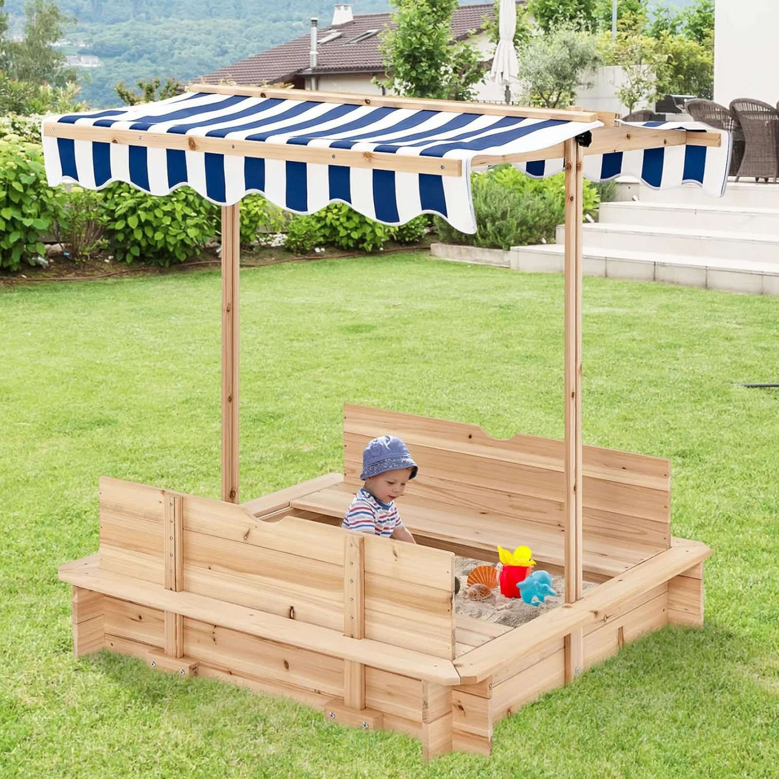 Little Helper Deluxe Montessori Umweltbewusster, robuster Sandkasten aus Zedernholz mit Bank und Baldachin | 3-6 Jahre