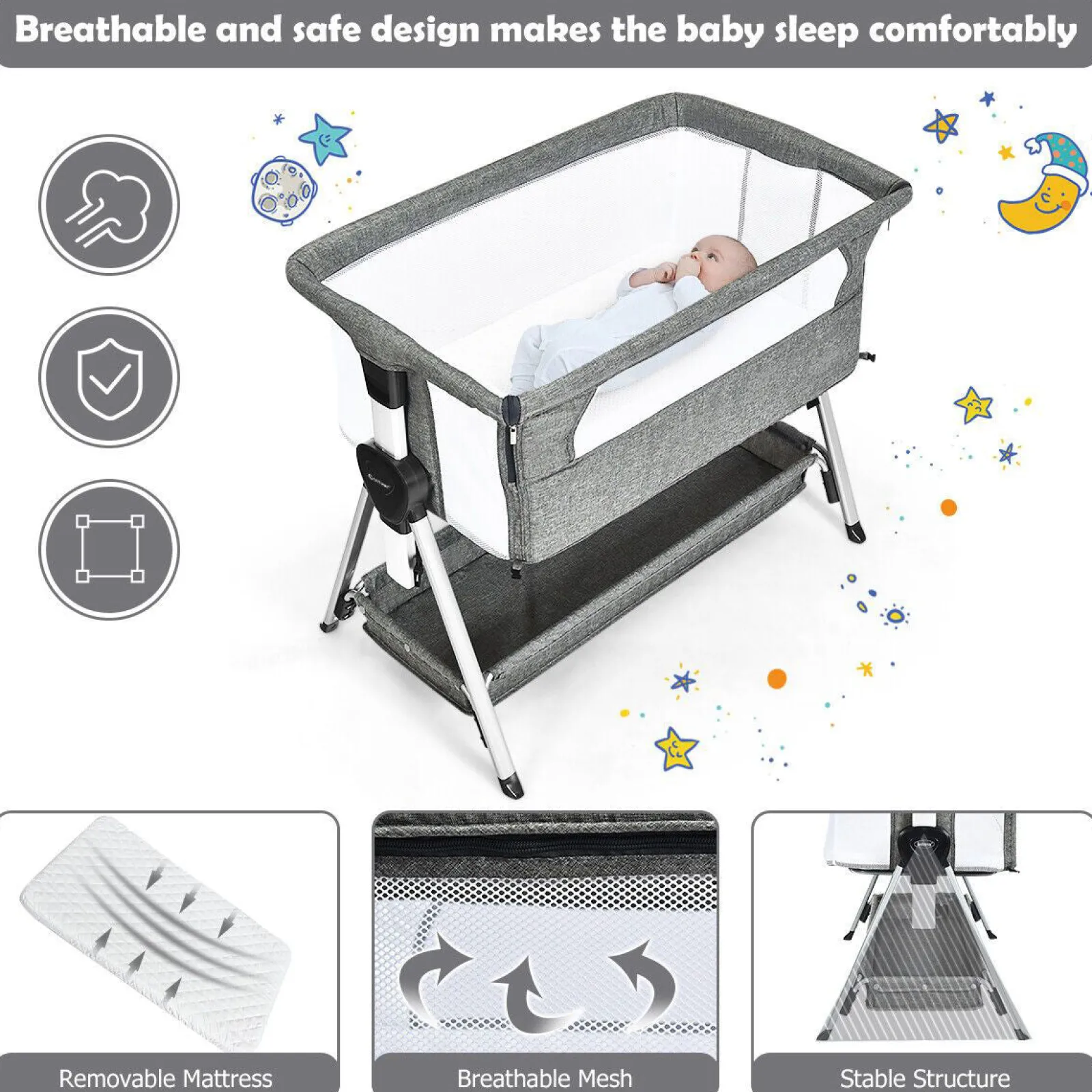 Kinder Little Helper Deluxe-Babybett „Next-to-Me“ | Leinen mit atmungsaktivem Netz | 7 einstellbare Höhen | Räder | 0–12m