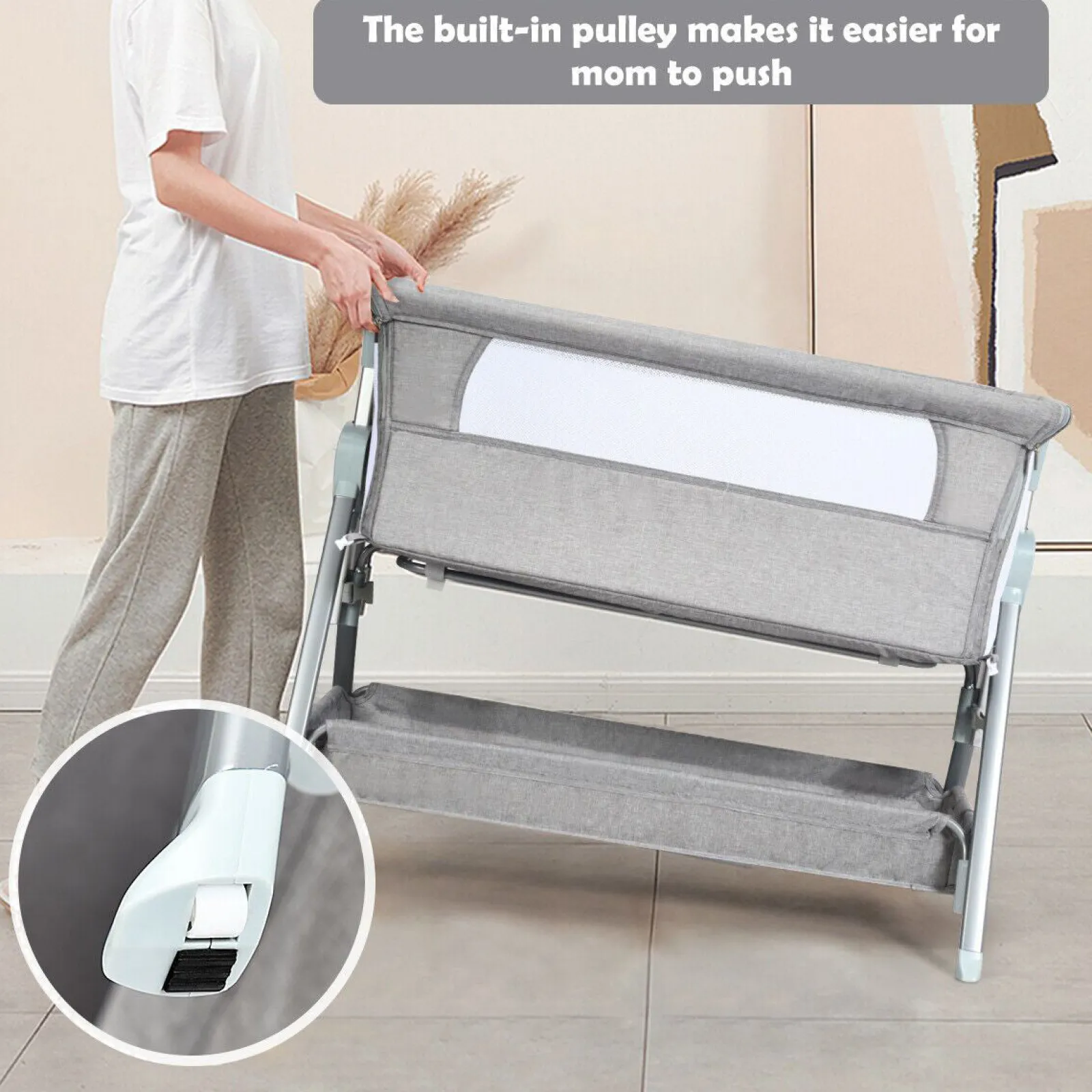 Kinder Little Helper Deluxe-Babybett „Next-to-Me“ | Leinen mit atmungsaktivem Netz | 7 einstellbare Höhen | Räder | 0–12m