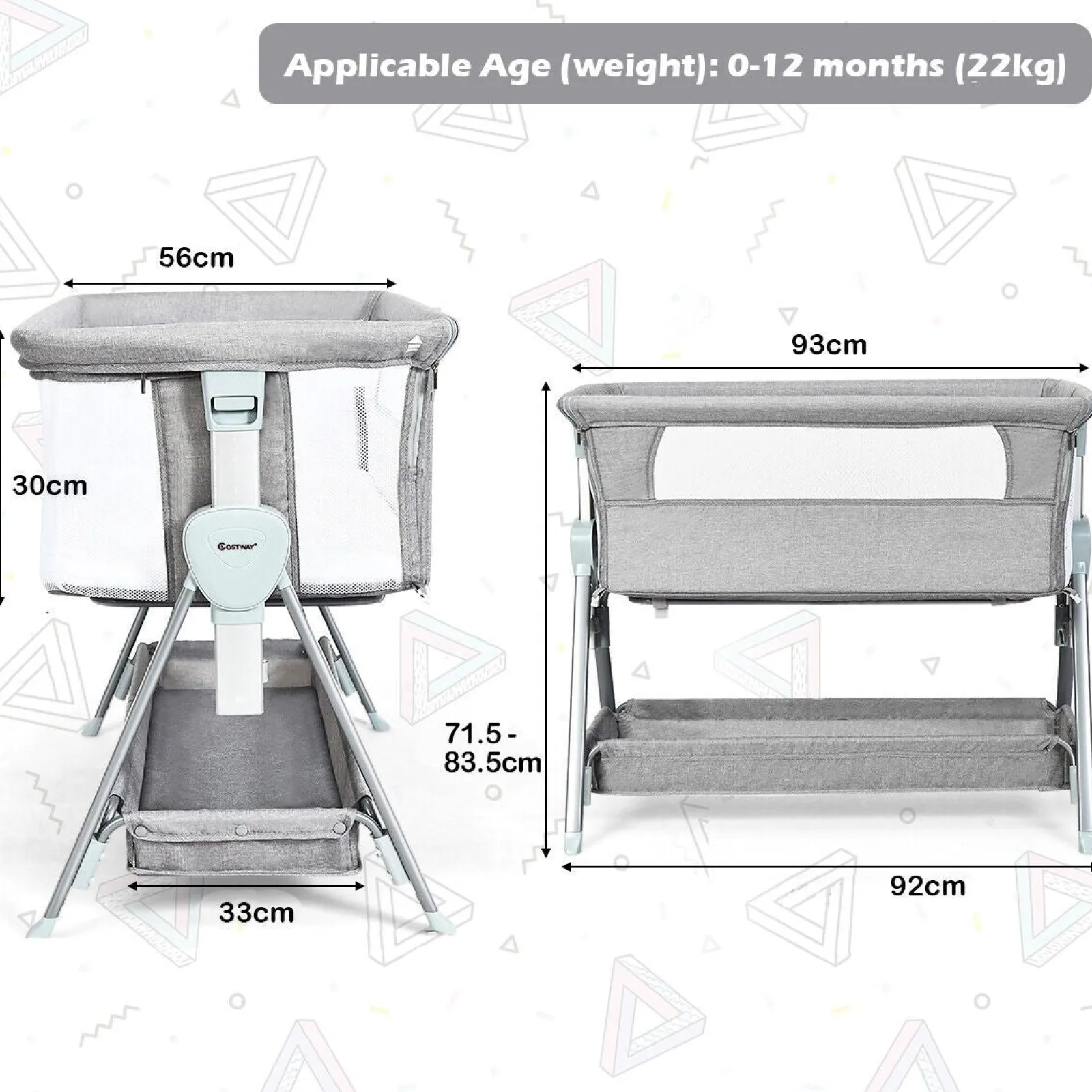 Kinder Little Helper Deluxe-Babybett „Next-to-Me“ | Leinen mit atmungsaktivem Netz | 7 einstellbare Höhen | Räder | 0–12m