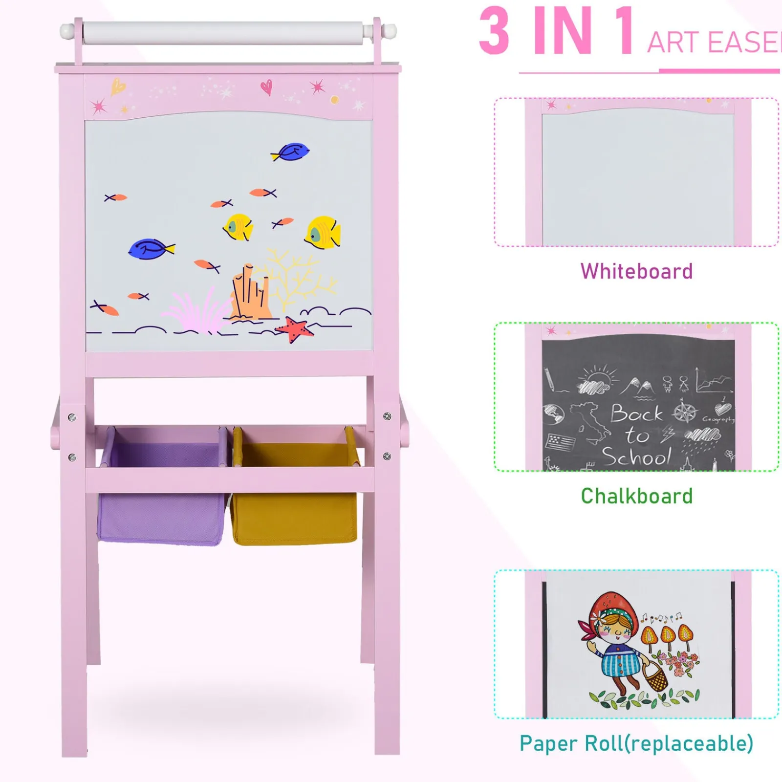 Kinder Little Helper Doppelseitige Deluxe-Staffelei Aus Holz Für Kinder | Tafel | Papierrolle | Rosa | Ab 3 Jahren