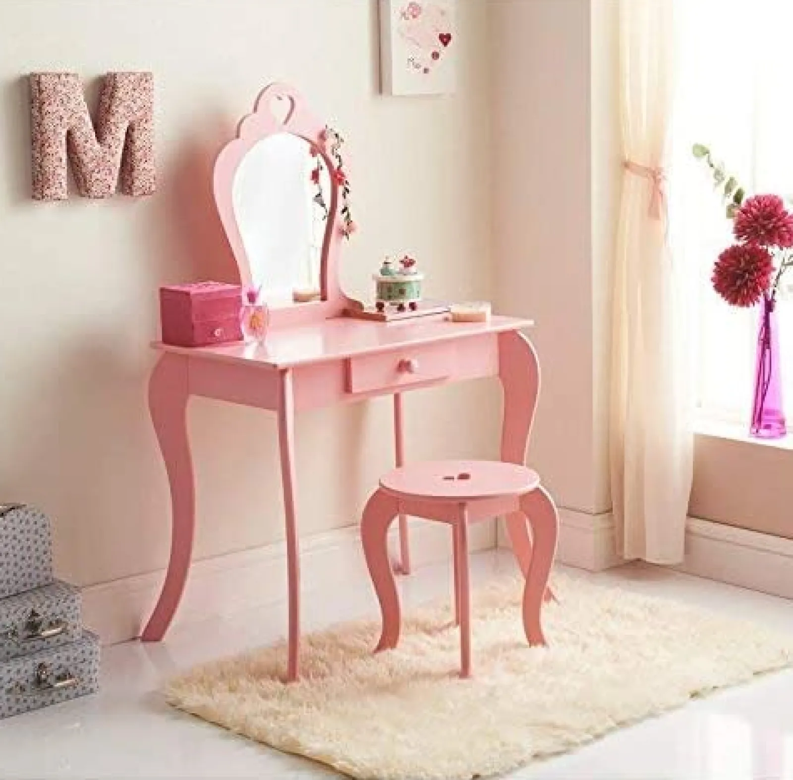 Kinder Little Helper Frisiertisch und Hocker mit Spiegel und Schubladen für Mädchen im Prinzessinnen-Stil | Schminktisch für Kinder | Rosa | 3–8 Jahre