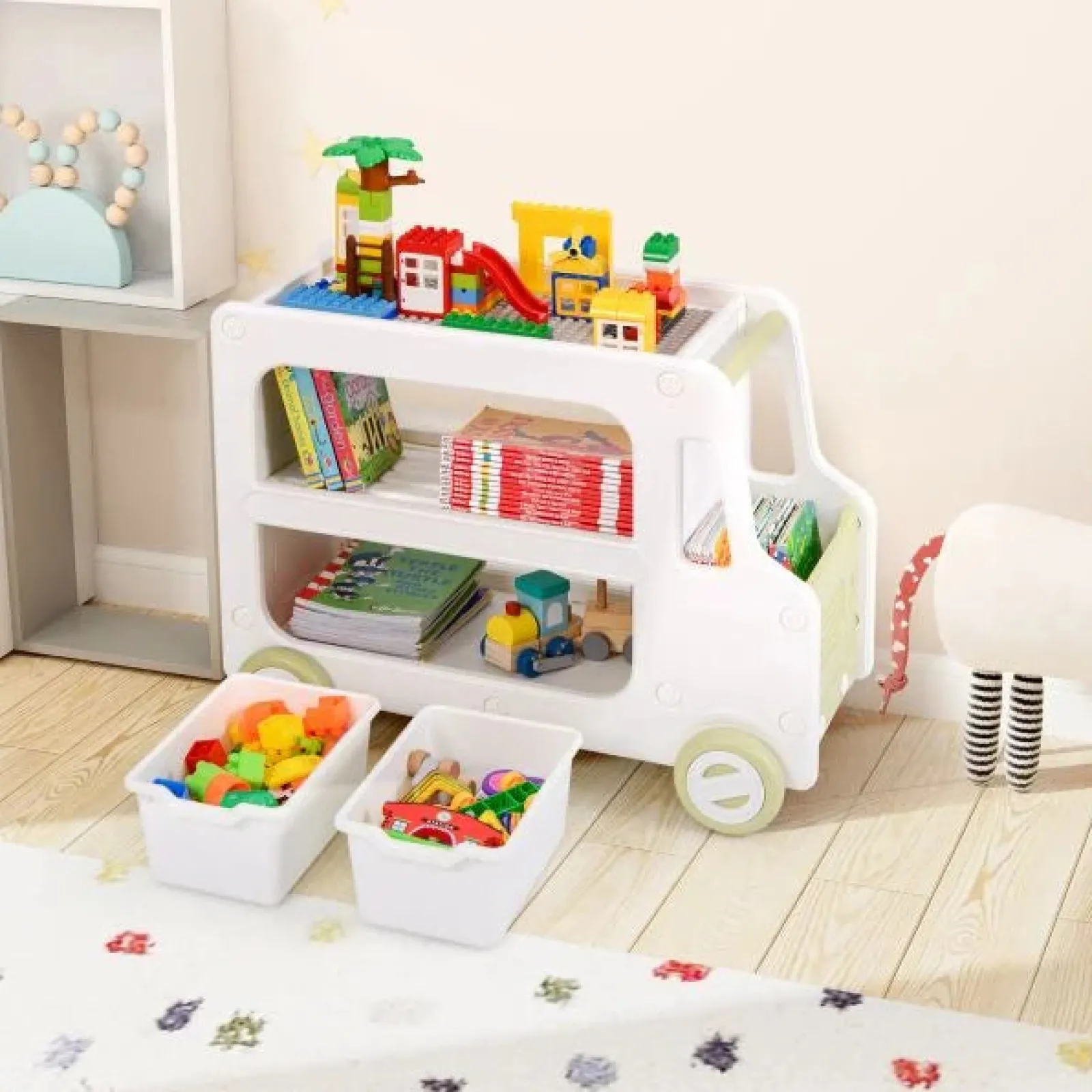 Kinder Little Helper Große Montessori-Spielzeugaufbewahrung in Busform für Kleinkinder | Spielzeugkiste | 3 Jahre+