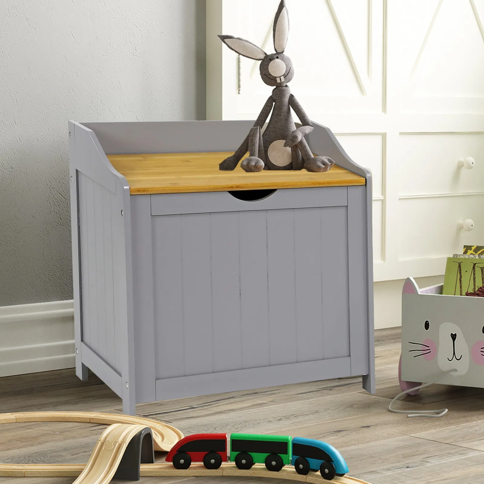 Kinder Little Helper Große Spielzeugkiste und Bank aus Holz mit langsam öffnendem Scharnier | Ottomane | Deckenbox | Grau mit natürlichem Bambusdeckel