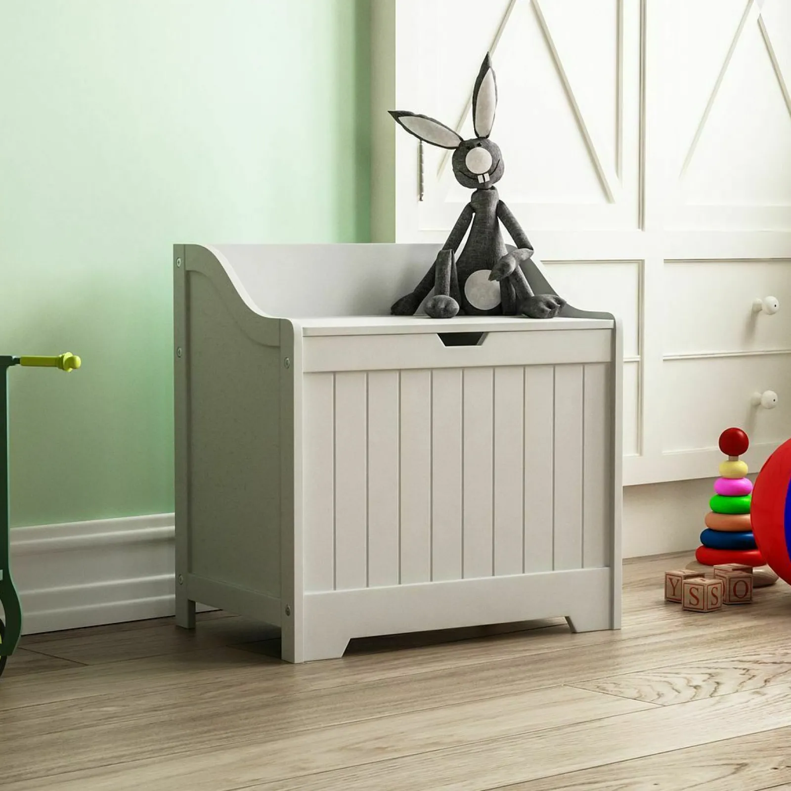 Kinder Little Helper Große Spielzeugkiste und Bank aus Holz mit langsam öffnendem Scharnier | Ottomane | Deckenbox | Weiß
