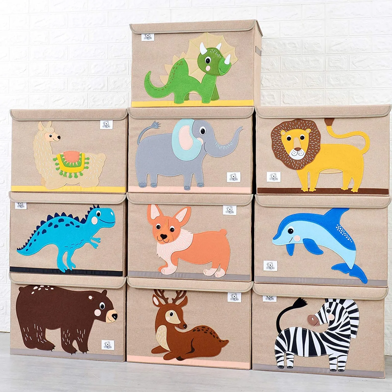 Kinder Little Helper Große zusammenklappbare Montessori-Spielzeugkiste für Kinder mit Klappdeckel | Robuste Leinwand | 10 Tiermotive | 3D-Applikation