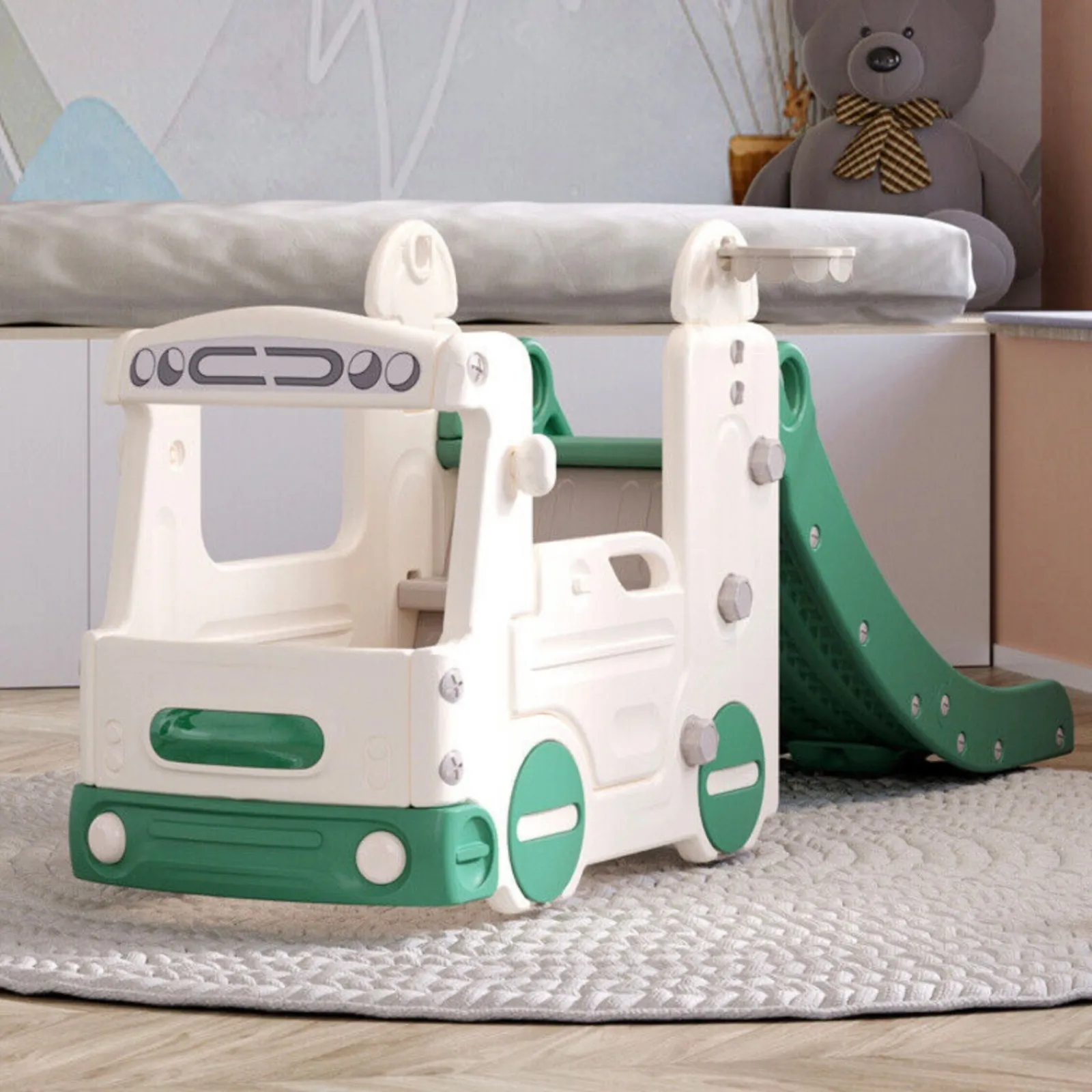 Kinder Little Helper Großer Montessori 4-in-1 Bus & Rutsche mit Basketballkorb | Fahren | Klettern | Rutschen | Körbe werfen | Ab 2 Jahren