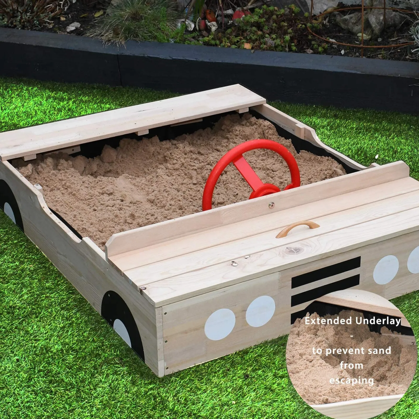 Little Helper Großer, vorbehandelter Sandkasten mit Automotiv aus Öko-Holz für Kinder mit Abdeckung | 1,15 m lang | ab 12m