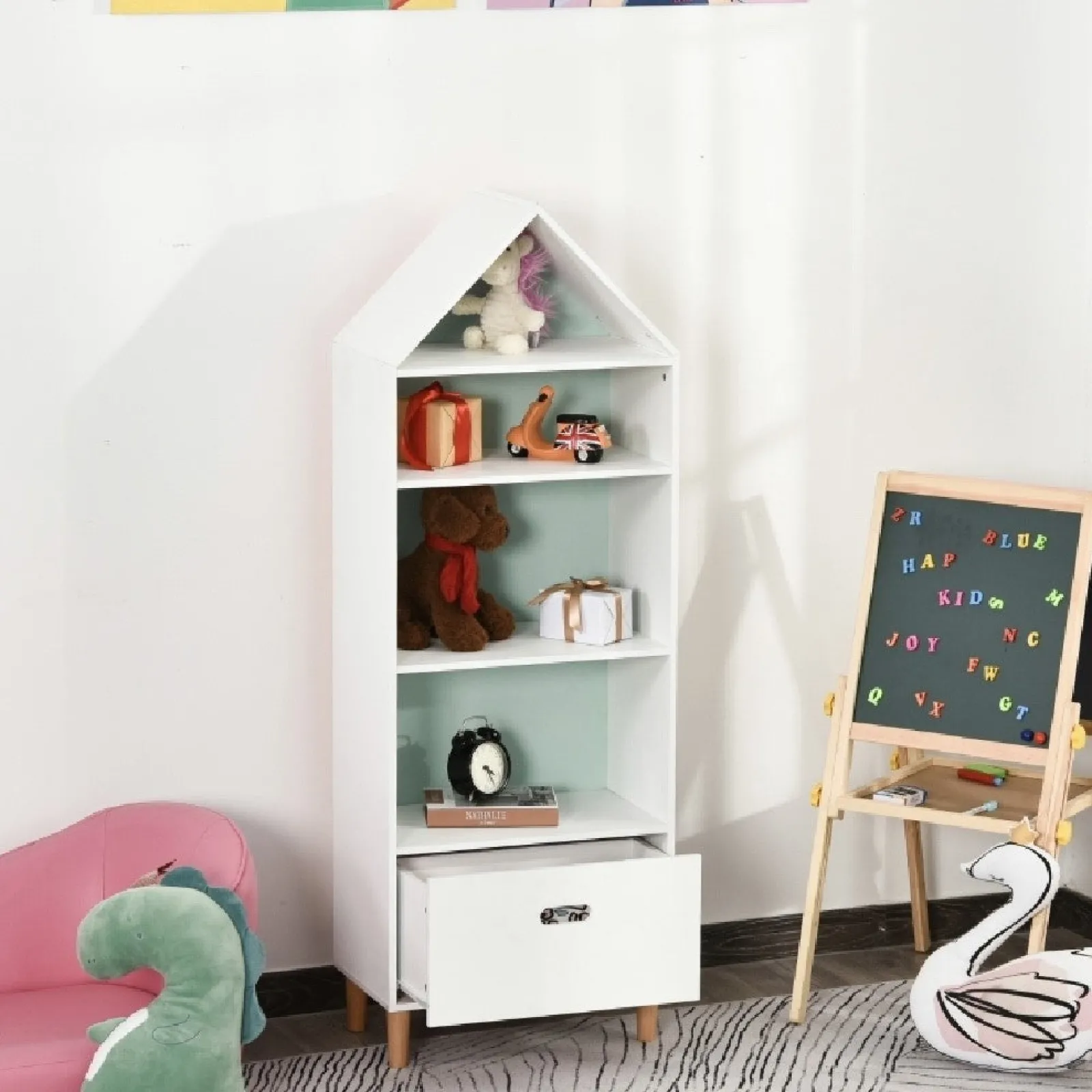 Kinder Little Helper Großes austauschbares Montessori-Bücherregal | Aufbewahrung von Kinderspielzeug | Blau oder Rosa und Weiß | 1,42 m hoch | Ab 3 Jahren