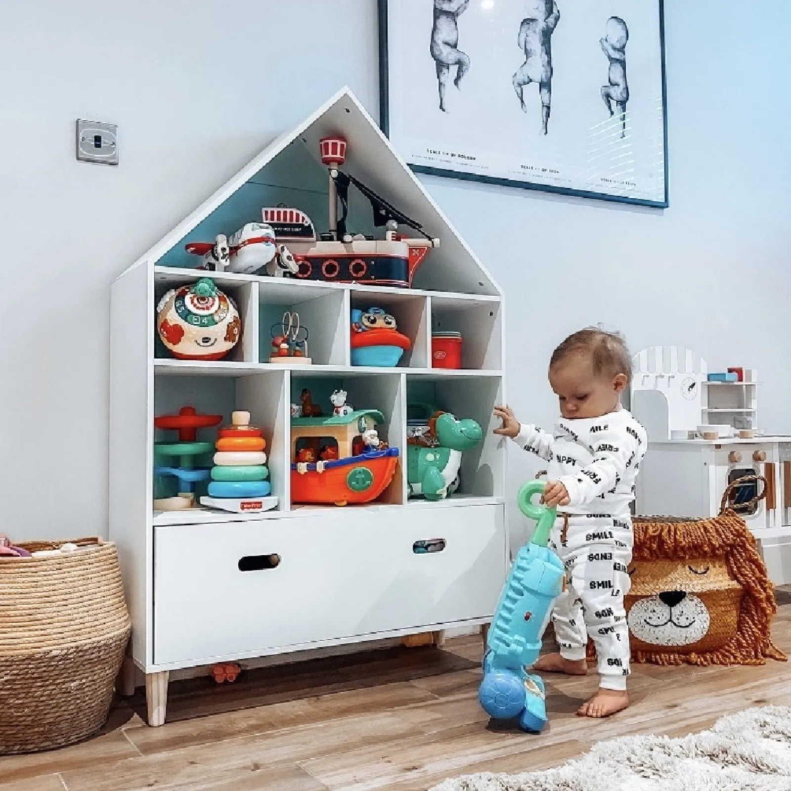 Kinder Little Helper Großes, Auswechselbares Kinderbücherregal Im Skandinavischen Design | Bücherregal | Spielzeugaufbewahrung | Blau Und Weiß | Ab 3 Jahren
