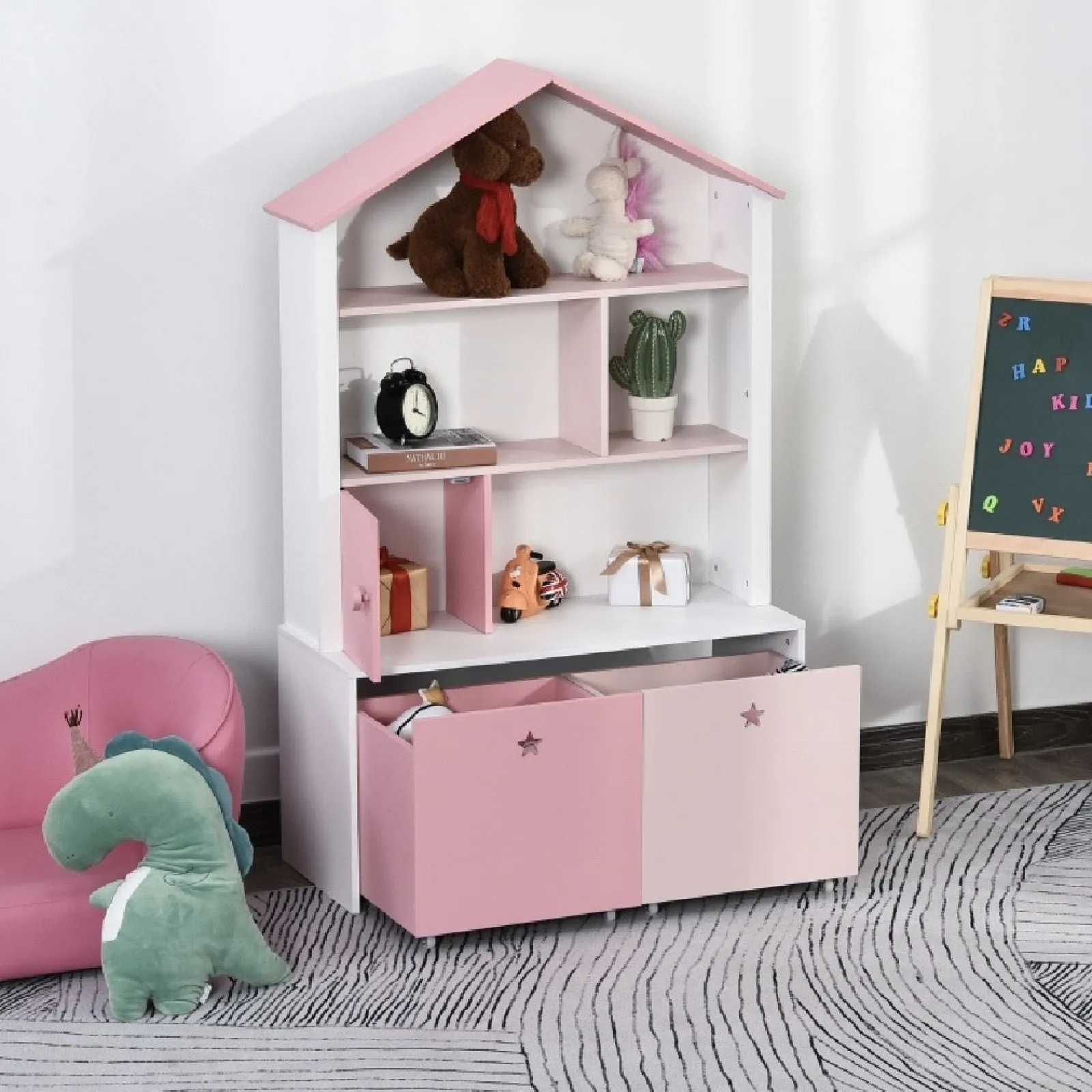 Kinder Little Helper Großes Bücherregal für Kinder | Kinderbücherregal mit Schubladen | Spielzeugaufbewahrung | Rosa & Weiß | Ab 3 Jahren