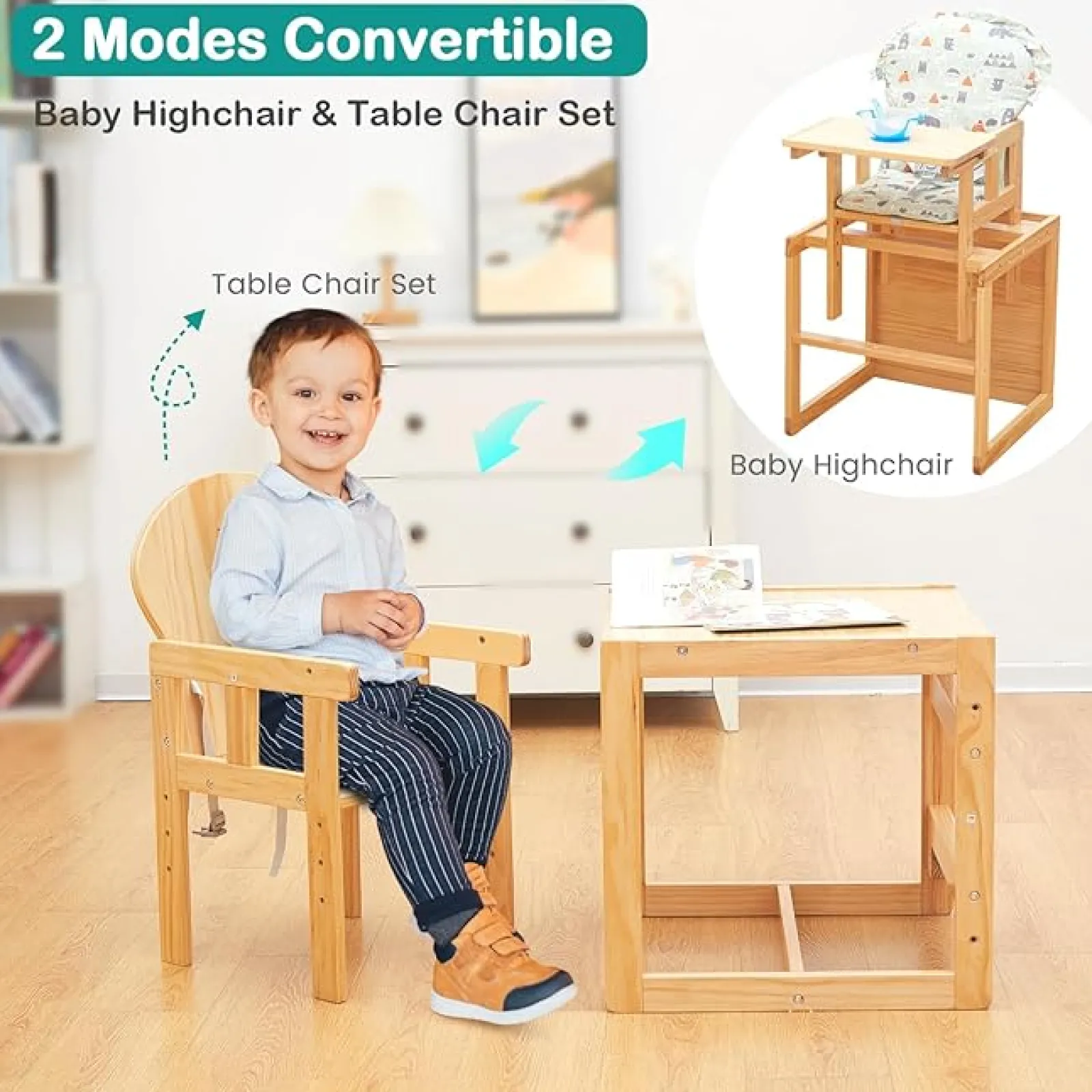 Little Helper 2-in-1 Deluxe Eco Wood Holz höhenverstellbarer Kombinations-Babyhochstuhl | Tisch- und Stuhlset | Natürlich | 6 Monate - 6 Jahre