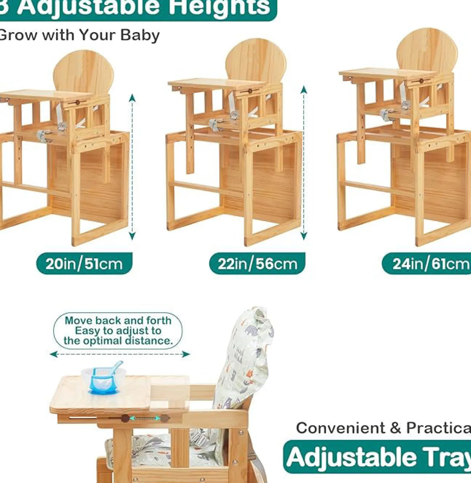 Little Helper 2-in-1 Deluxe Eco Wood Holz höhenverstellbarer Kombinations-Babyhochstuhl | Tisch- und Stuhlset | Natürlich | 6 Monate - 6 Jahre