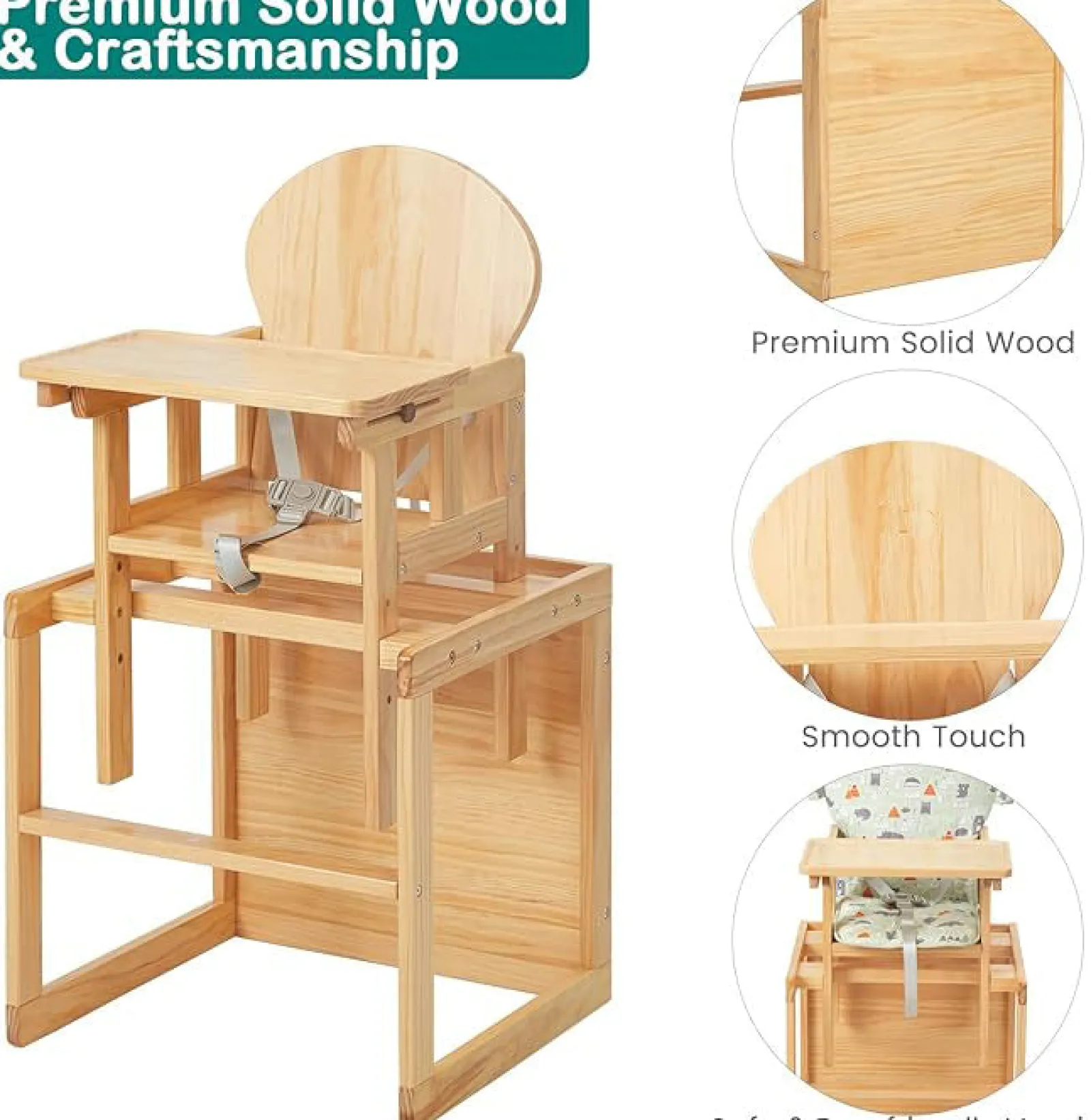 Little Helper 2-in-1 Deluxe Eco Wood Holz höhenverstellbarer Kombinations-Babyhochstuhl | Tisch- und Stuhlset | Natürlich | 6 Monate - 6 Jahre