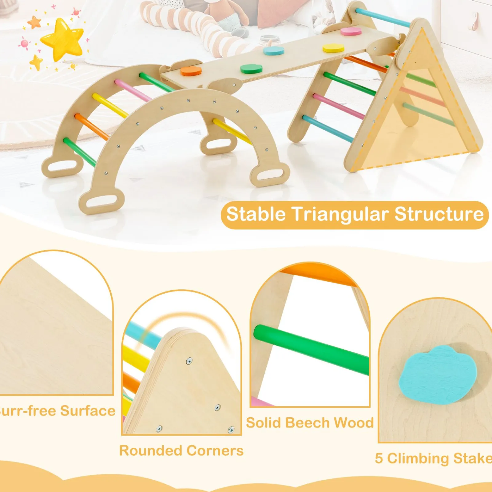 Kinder Little Helper 6-in-1 Eco Holz-Klettergerüst | Montessori Pikler Set | Bogen | Wippe | Rutsche | Kletterdreieck | Höhle