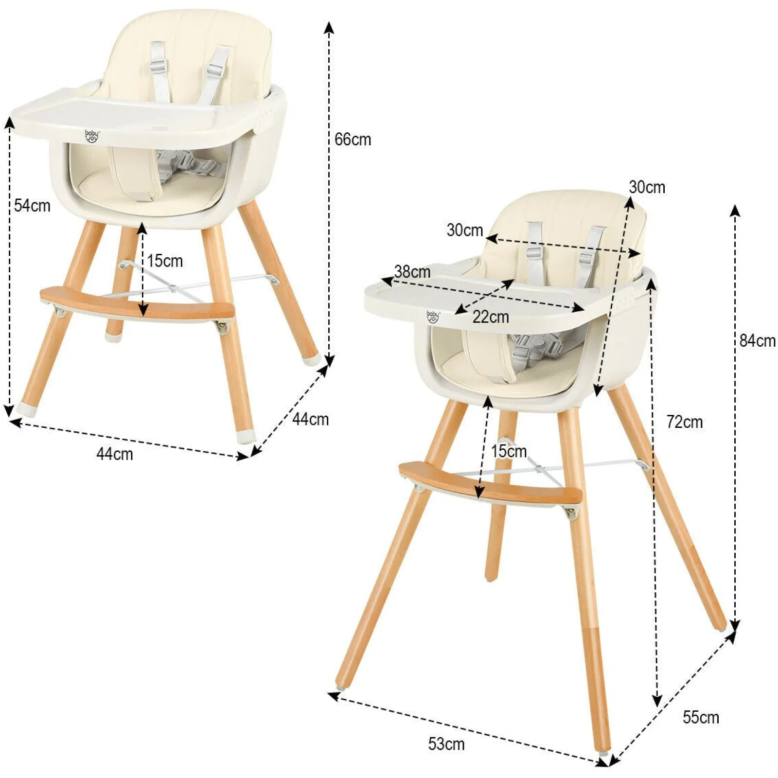 Little Helper 3-in-1 Höhenverstellbarer Hochstuhl und Tablett aus Buchenholz | Niedriger Stuhl | Cremefarbenes Kissen