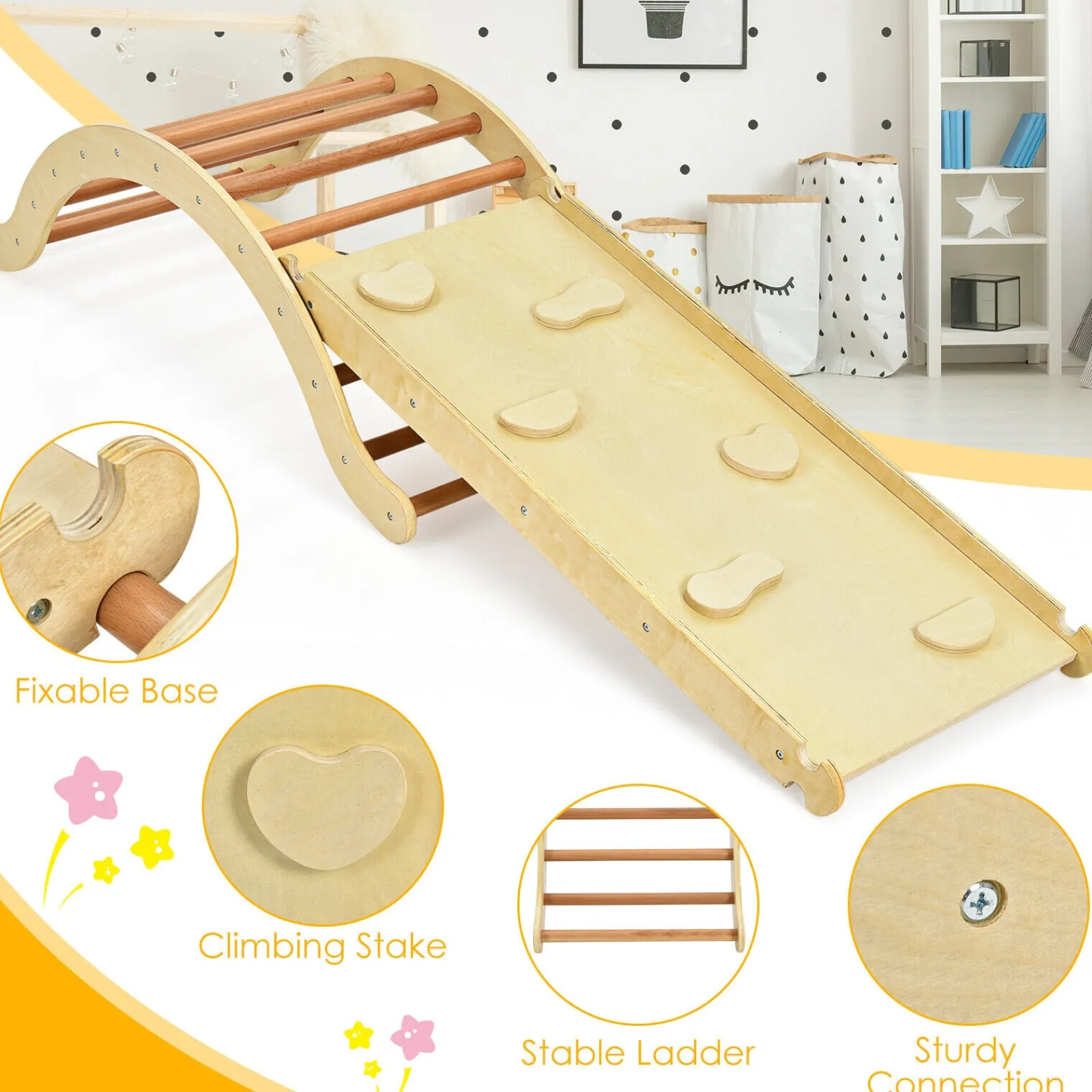 Kinder Little Helper 4-in-1 Kinder-Kletterbogen, Schaukelstuhl, Rutsche und Kletterer aus Öko-Holz Pikler | Naturholz