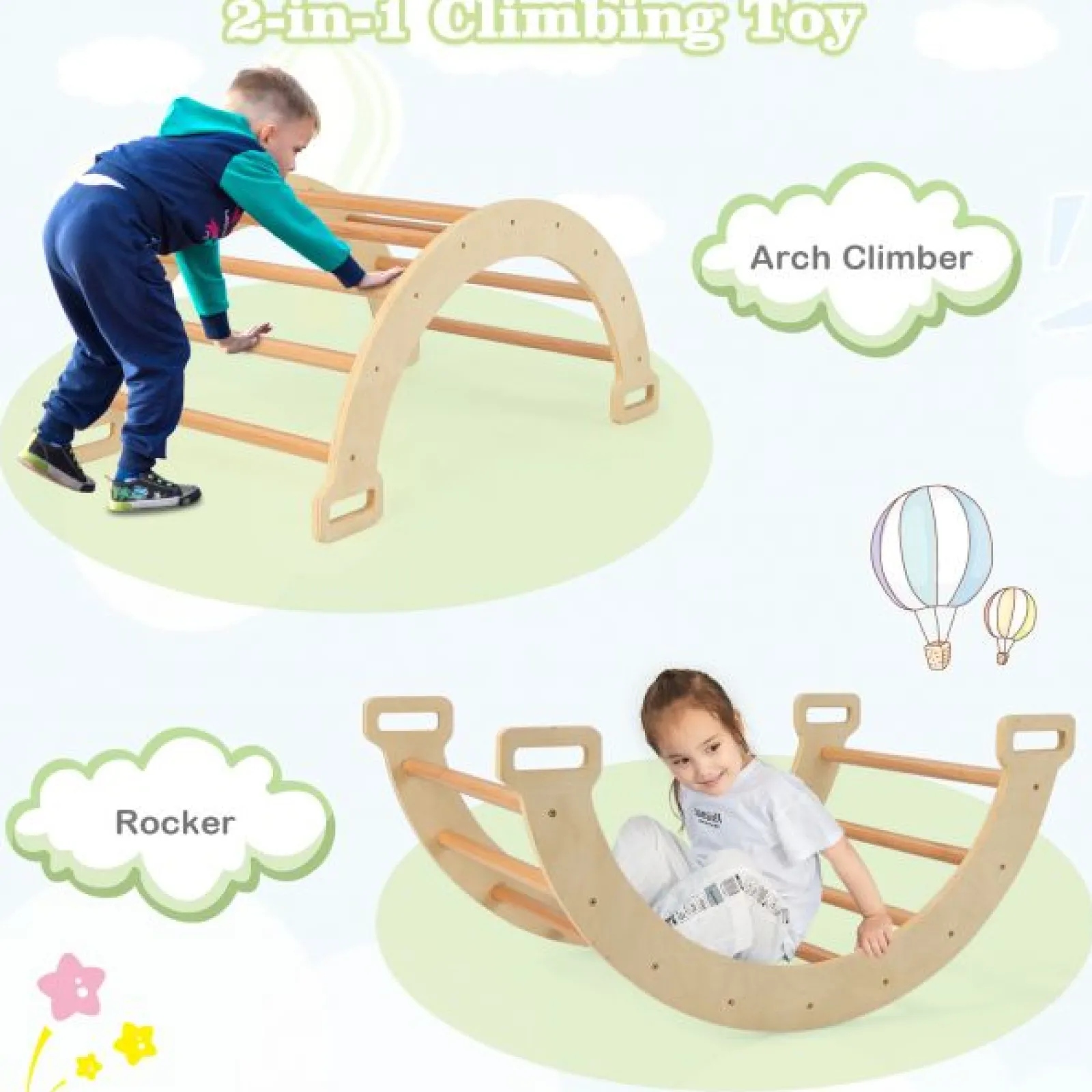 Kinder Little Helper 5-in-1 Montessori Öko-Holz Pikler Klettergerüst | Wippe mit Kissen | Höhle | Schaufenster | 12m+ | Natürlich