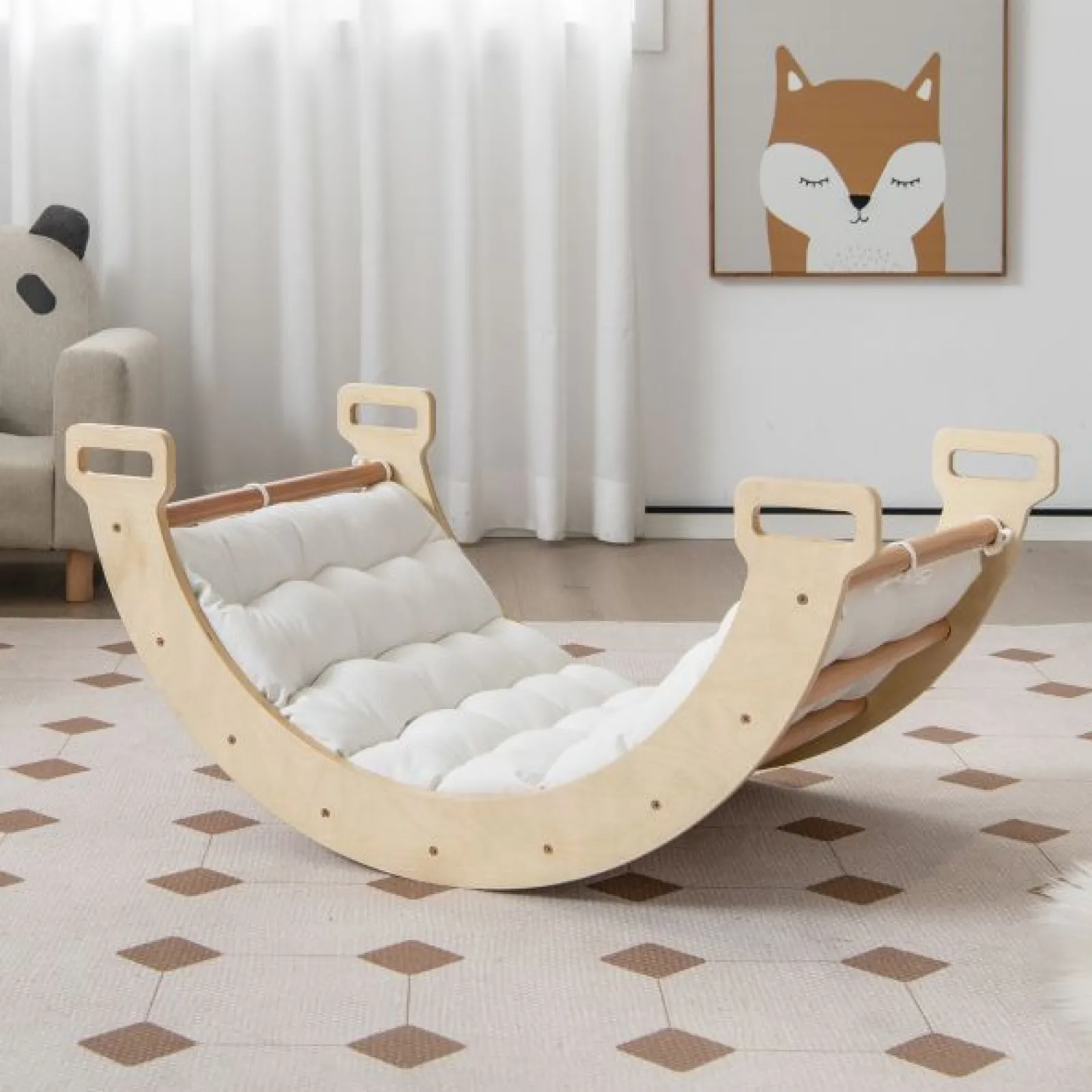 Kinder Little Helper 5-in-1 Montessori Öko-Holz Pikler Klettergerüst | Wippe mit Kissen | Höhle | Schaufenster | 12m+ | Natürlich
