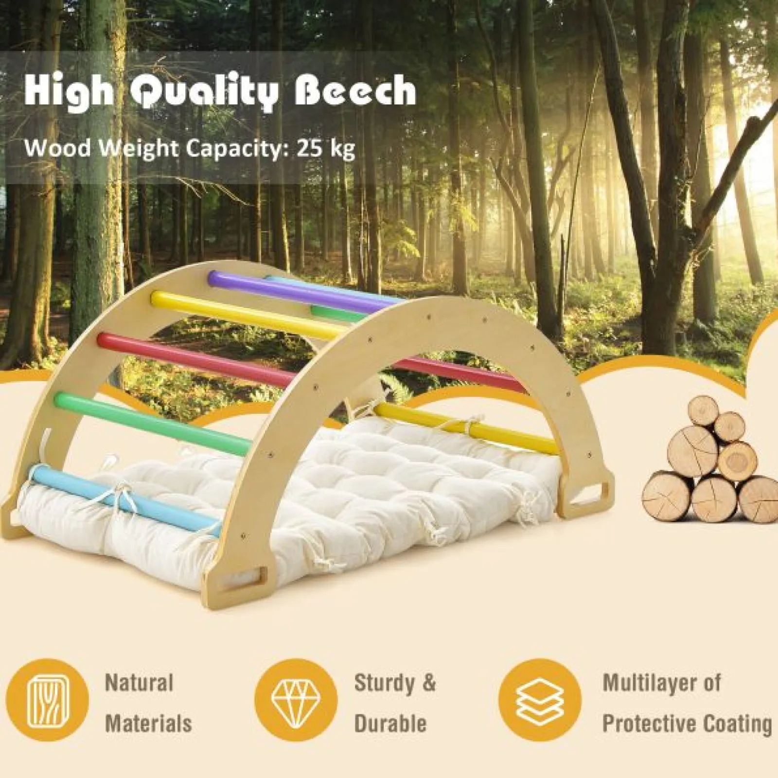 Kinder Little Helper 5-in-1 Montessori Öko-Holz Pikler Klettergerüst | Wippe mit Kissen | Höhle | Schaufenster | 12m+ | Natürlich
