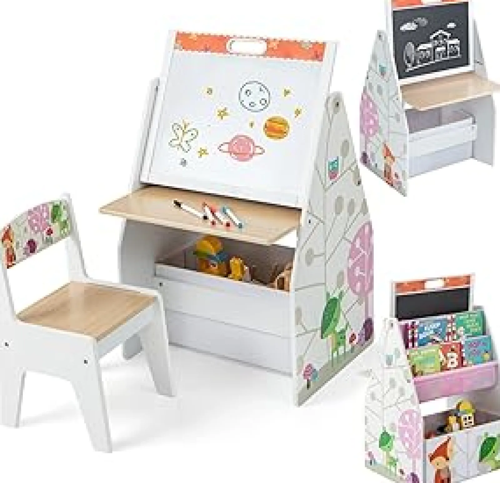 Kinder Little Helper 5-in-1 Montessori Kompakte Kinderstaffelei | Schreibtisch & ergonomischer Stuhl | Sling-Bücherregal | Bücherregal | Aufbewahrung | Weiß | Ab 3 Jahren