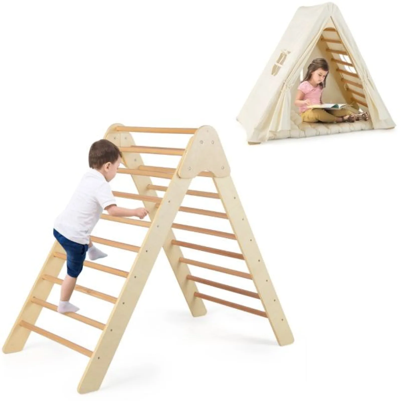 Kinder Little Helper 3-in-1-Klettergerüst aus Öko-Holz | Montessori Pikler und Den | Zelt mit Matte | 12m+