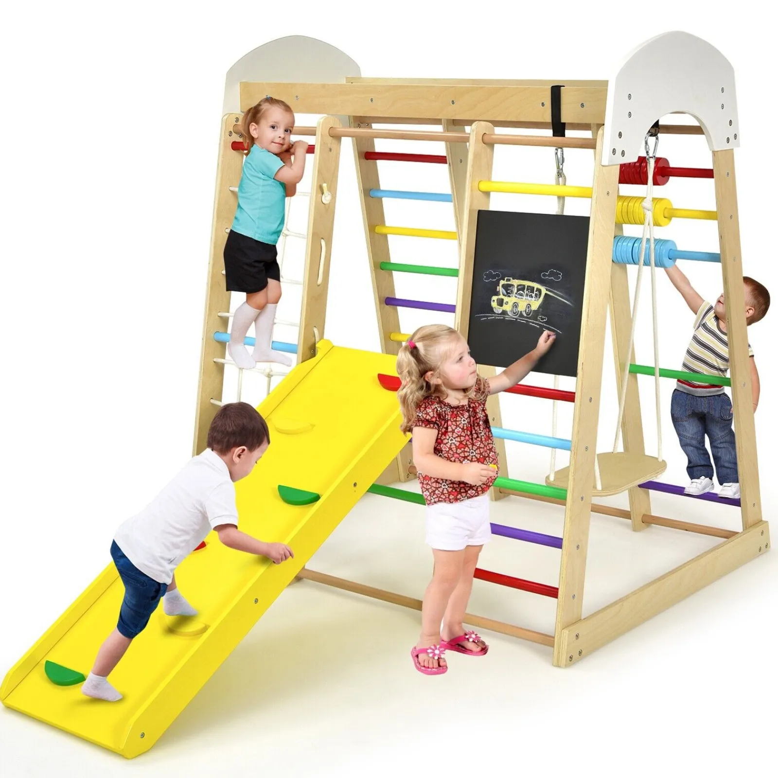 Kinder Little Helper 8-in-1-Klettergerät aus Öko-Holz für Kinder im Montessori-Stil mit Schaukel | Rutsche | Kletterwand | Klettergerüst und mehr | Ab 3 Jahren