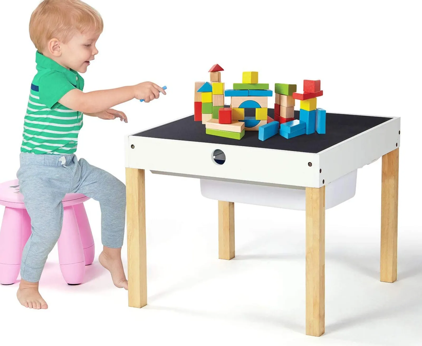 Kinder Little Helper 4-in-1-Multifunktionstisch aus Holz für Kinder | Wendbare Schreibtischplatte | Tafelschreibtisch | Aufbewahrung | Rosa Hocker