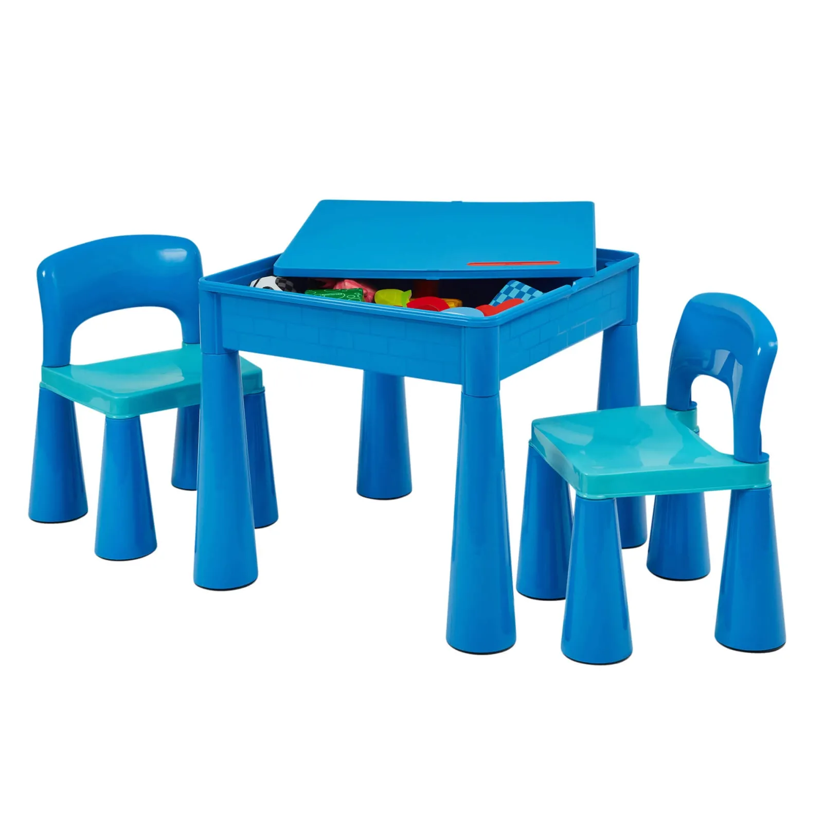 Kinder Little Helper 4-in-1-Set aus Kunststoff mit Tisch und 2 Stühlen für drinnen und draußen | Lego-Brett | Sand- und Wasserkasten | Blau