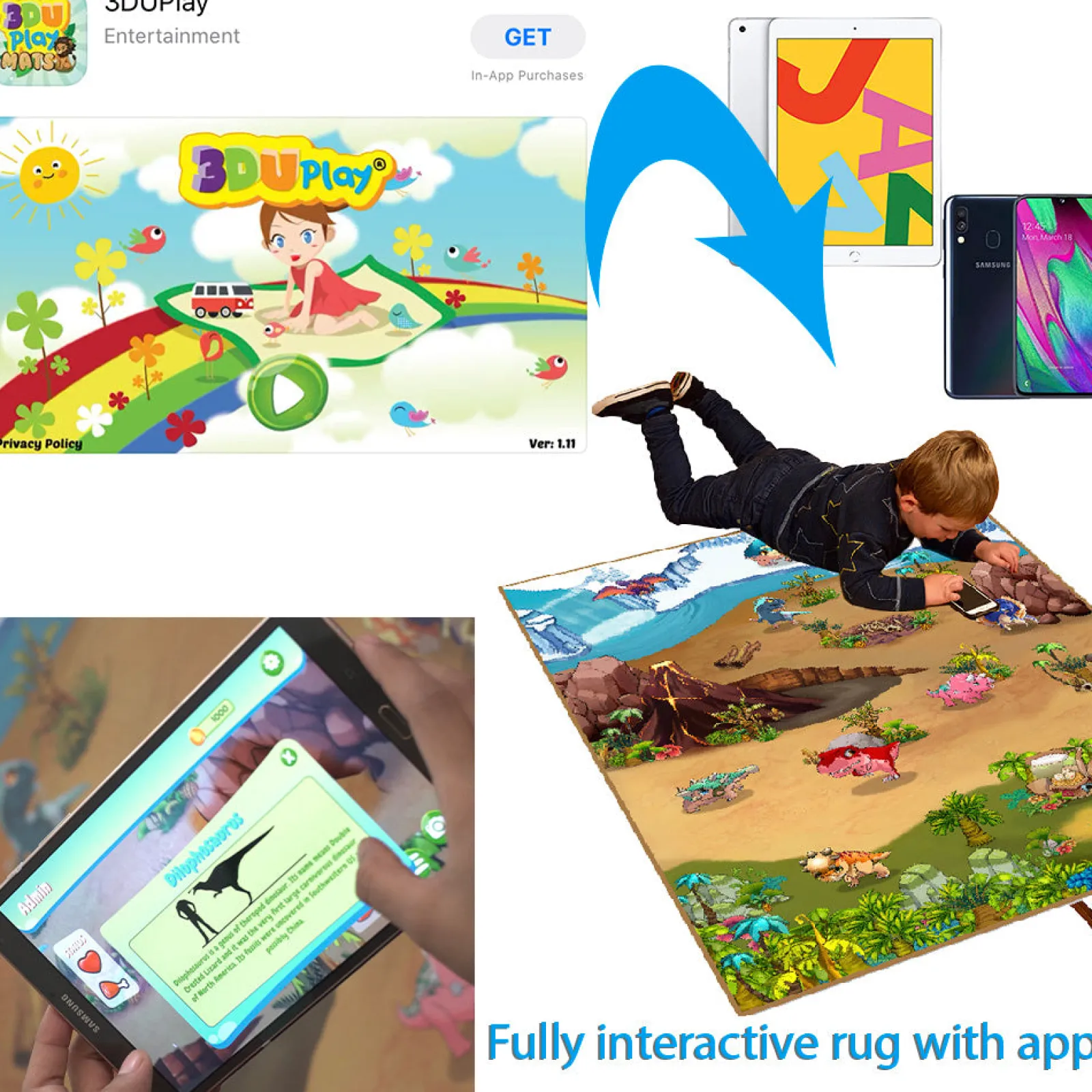 Kinder Little Helper Interaktiv | Pädagogischer Dinosaurierteppich und Spiel | Spielmatte mit App | 120 x 90 cm