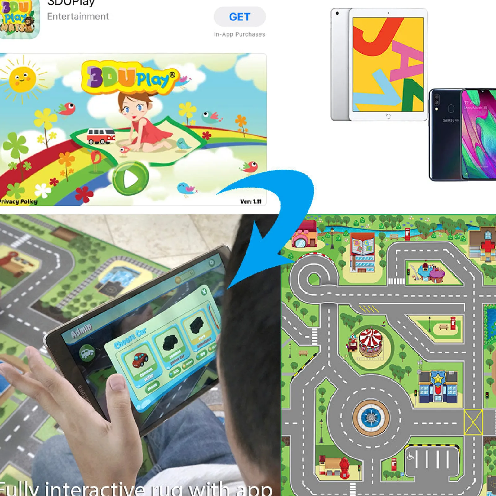 Kinder Little Helper Interaktiv | Pädagogischer Mini-Stadtteppich und Spiel | Spielmatte mit App | 120 x 90 cm