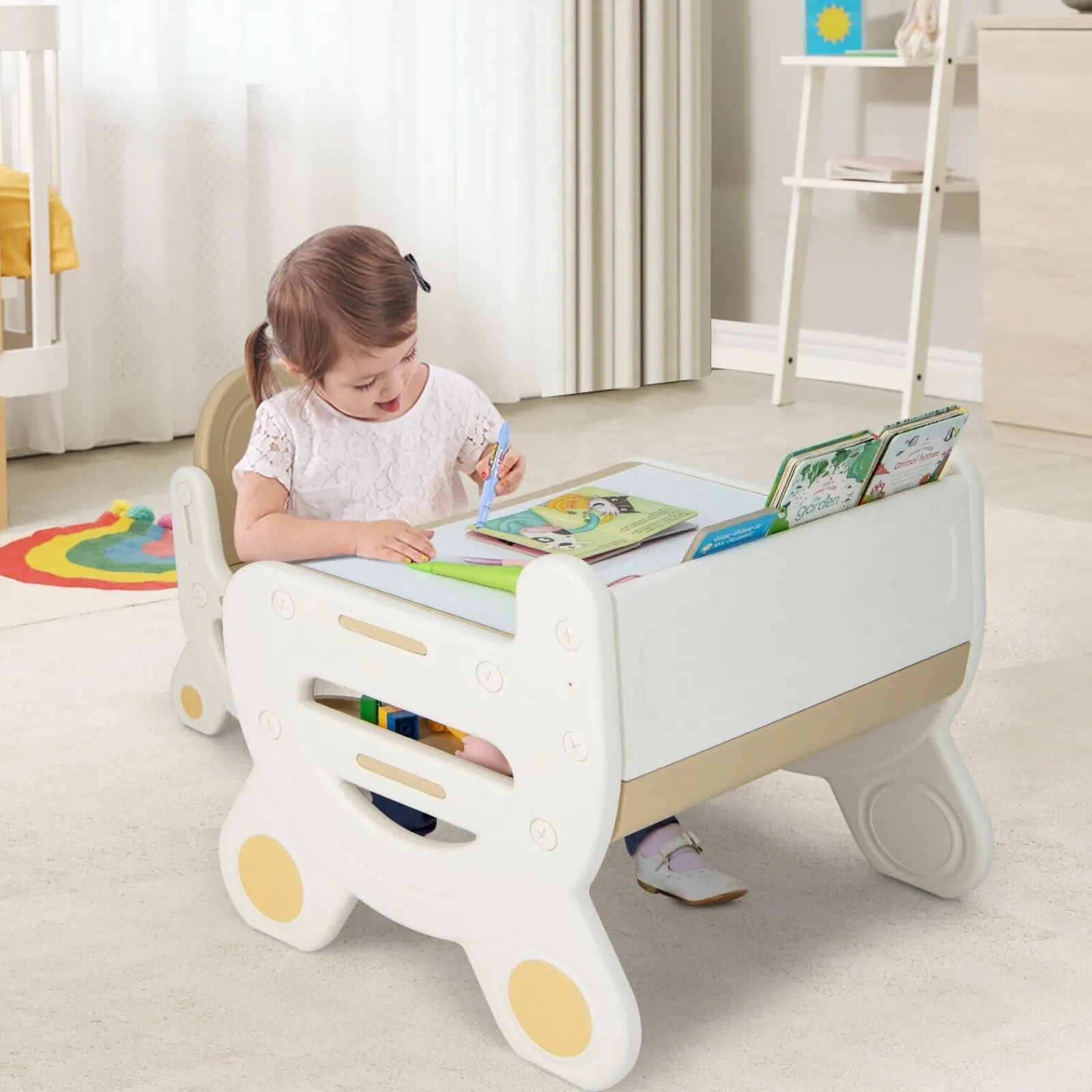 Kinder Little Helper 2-in-1-Tisch- und Stuhlset für Kinder mit Whiteboard-Oberseite und Stauraum | Aktivitätstisch für Kleinkinder | Radiergummi | Trocken abwischbare Stifte