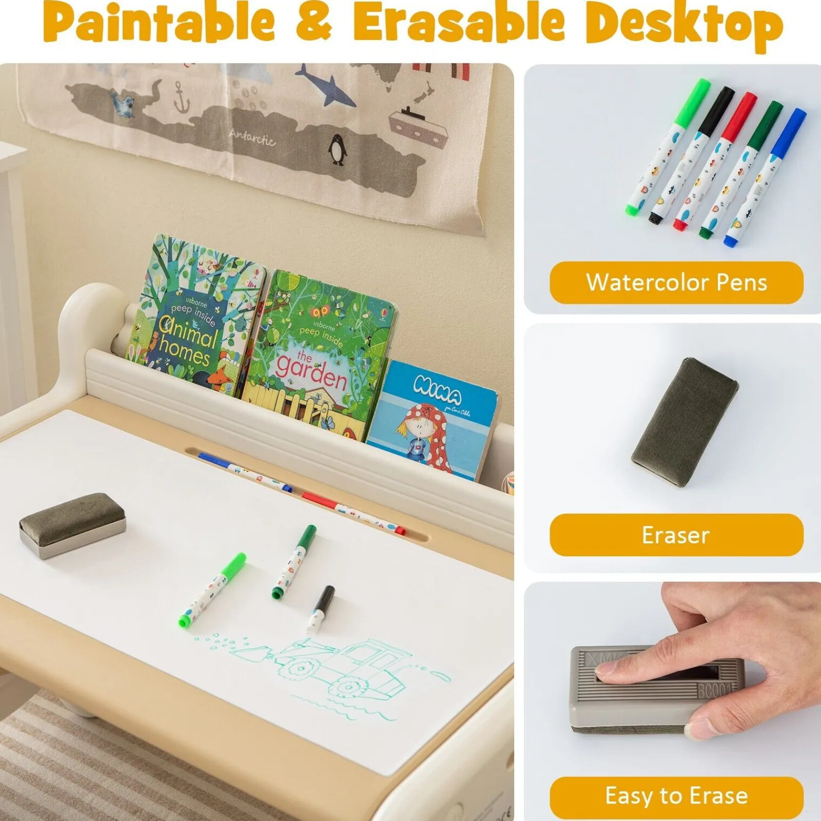 Kinder Little Helper 2-in-1-Tisch- und Stuhlset für Kinder mit Whiteboard-Oberseite und Stauraum | Aktivitätstisch für Kleinkinder | Radiergummi | Trocken abwischbare Stifte