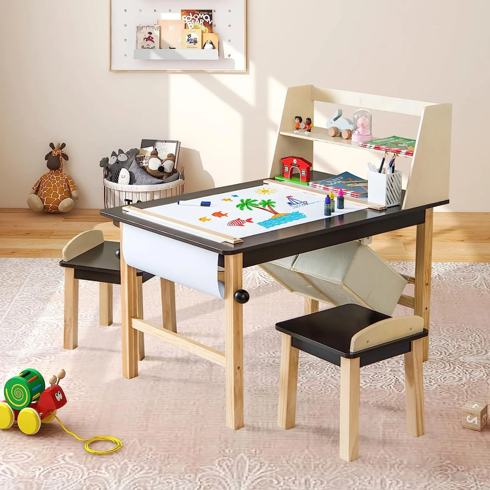Kinder Little Helper Kinder-Aktivitätstisch aus Holz und 2 Stühle im Set | Kunsttisch für Kinder | 2 Vorratsbehälter mit Papierrolle