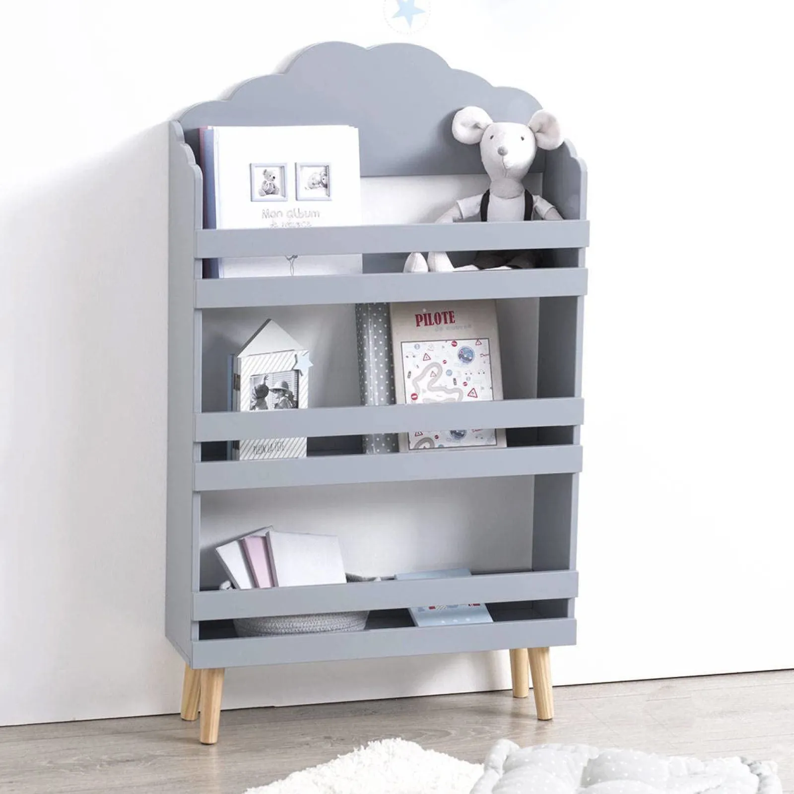 Kinder Little Helper Kinder-Bücherregal aus Holz im Montessori-Stil mit 3 Ebenen | Wolkendesign | Grau | 1 m hoch
