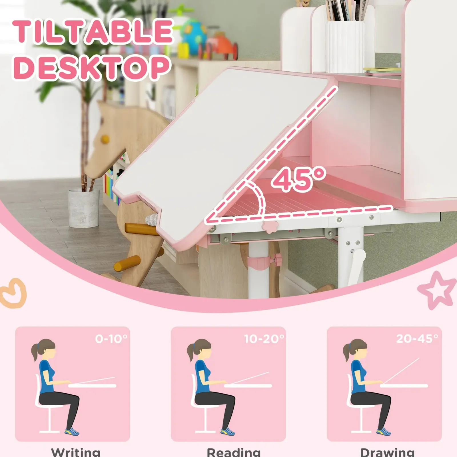Kinder Little Helper Kinder-Montessori-ergonomischer, höhenverstellbarer, neigbarer Lern- und Kunstschreibtisch und Stuhl | Rosa | 3-12 Jahre
