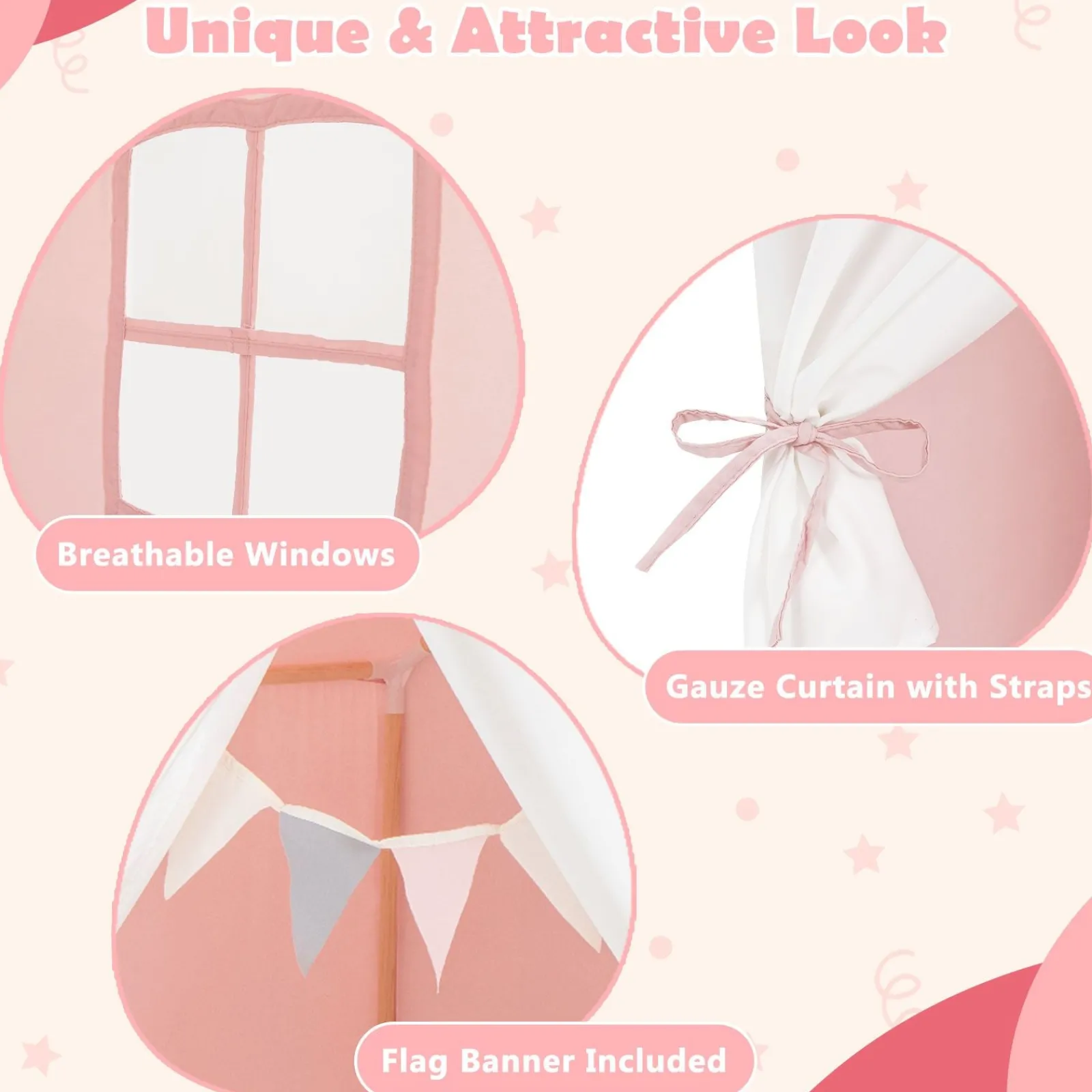 Little Helper Kinderspielhauszelt | Fenster und Vorhang | Waschbare rutschfeste Matte | Braun oder Rosa