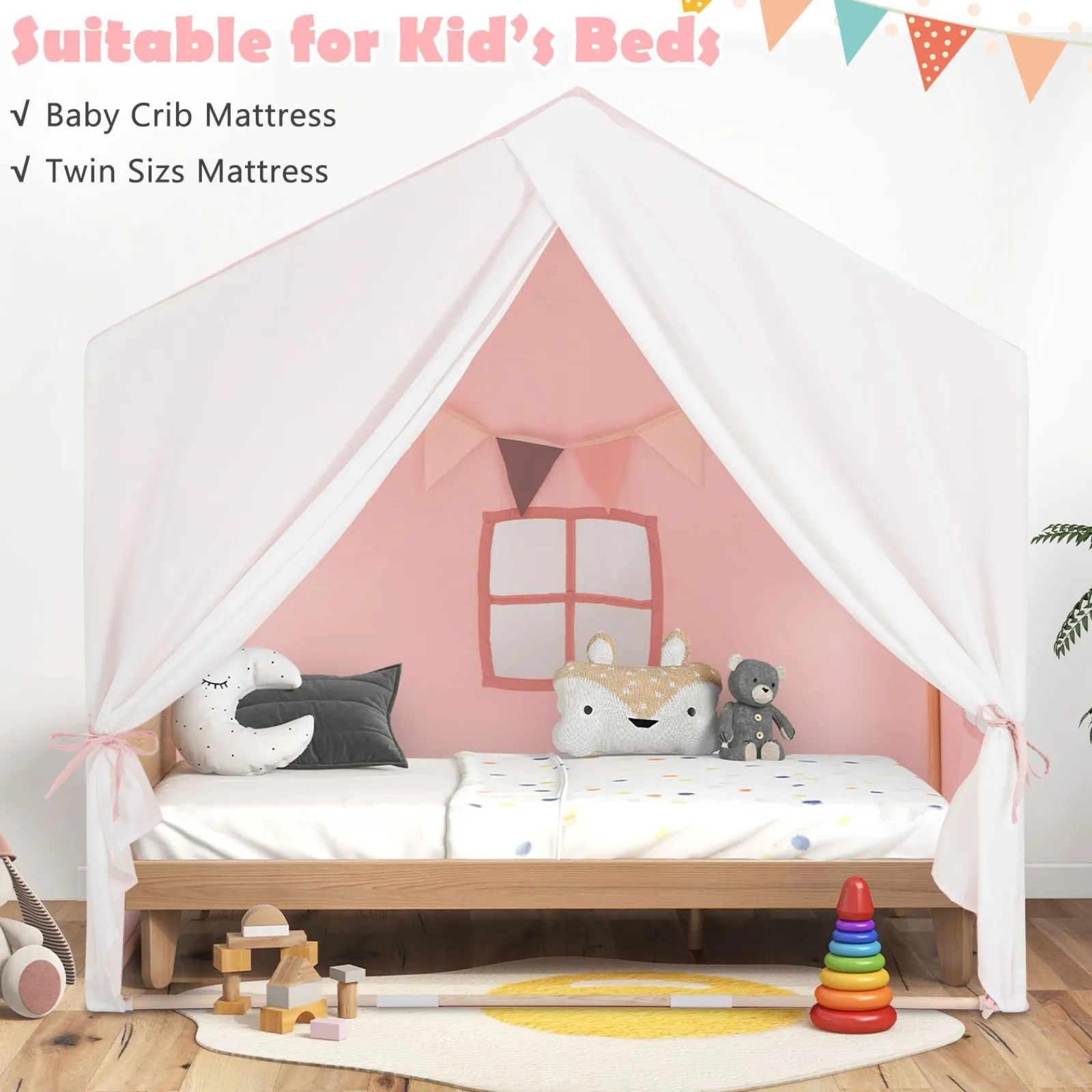 Little Helper Kinderspielhauszelt | Fenster und Vorhang | Waschbare rutschfeste Matte | Braun oder Rosa