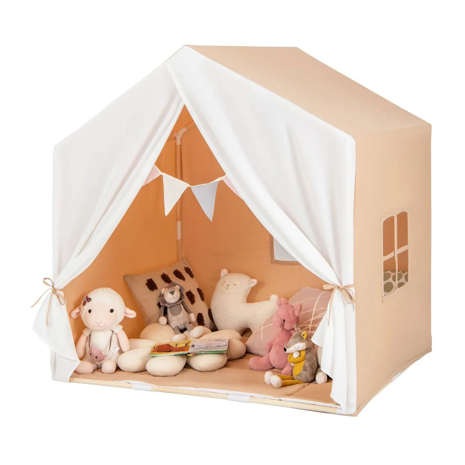 Little Helper Kinderspielhauszelt | Fenster und Vorhang | Waschbare rutschfeste Matte | Braun oder Rosa