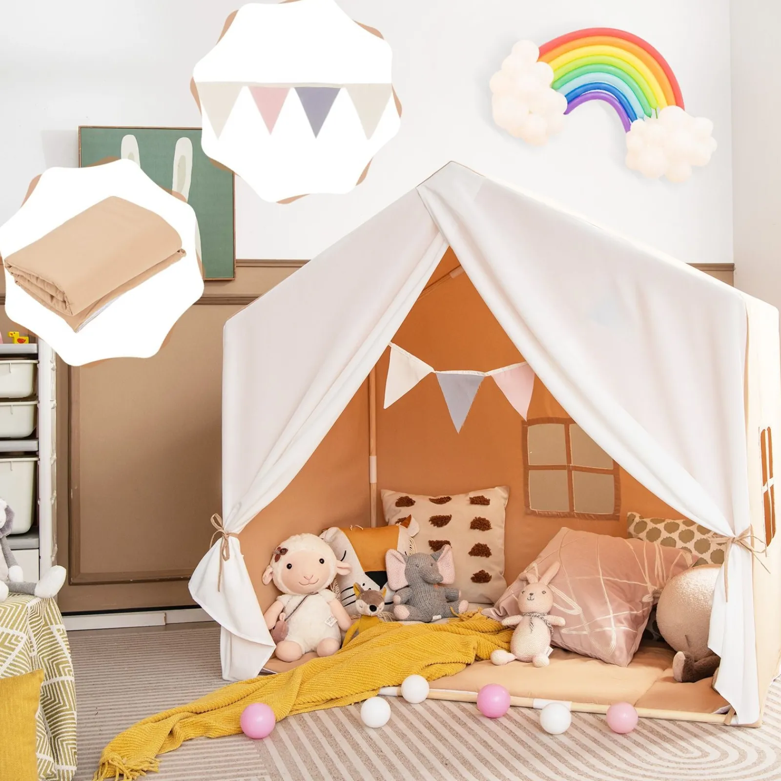 Little Helper Kinderspielhauszelt | Fenster und Vorhang | Waschbare rutschfeste Matte | Braun oder Rosa