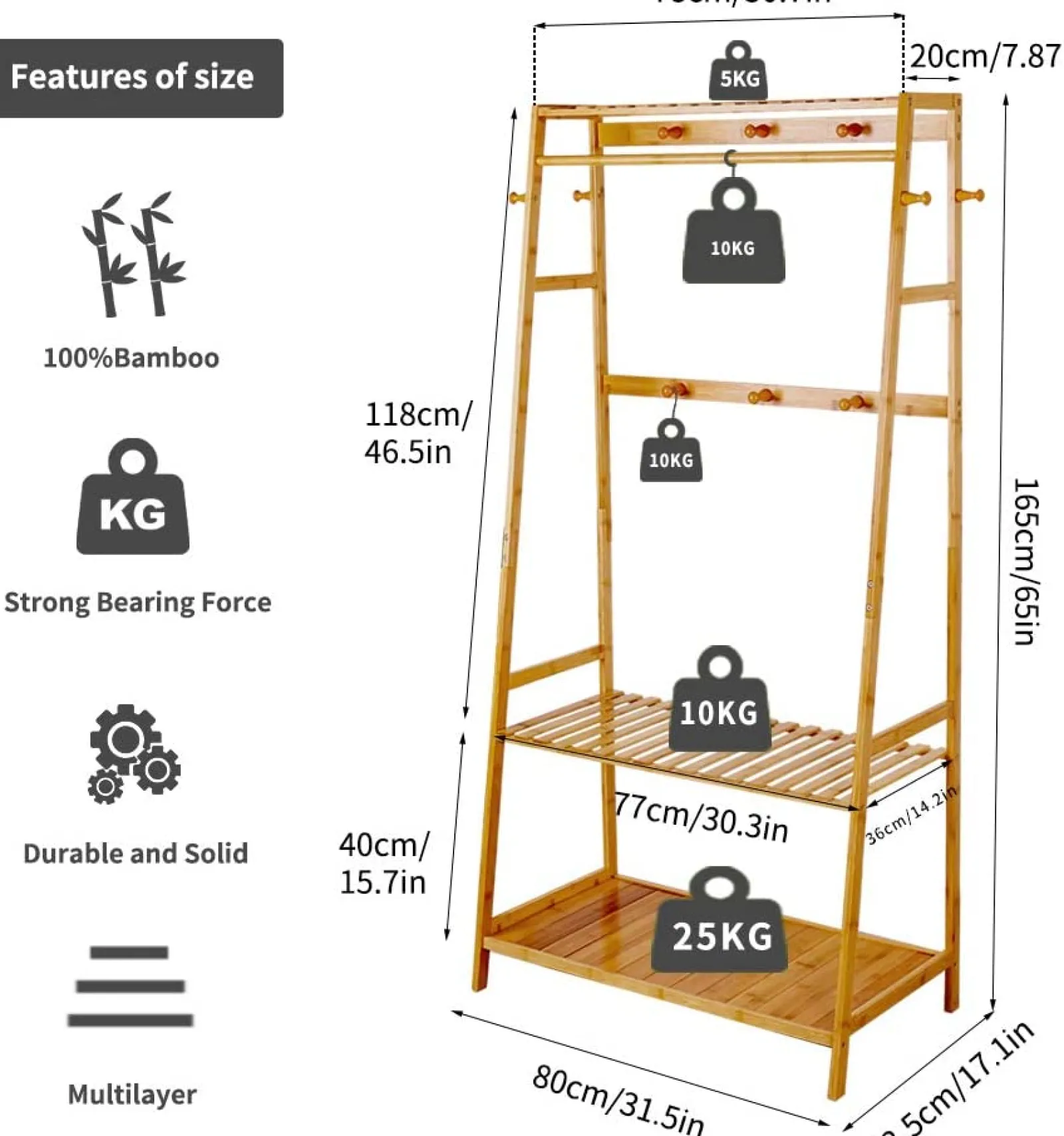Kinder Little Helper Öko 100 % Bambusholz | Freistehender Kleiderständer mit 3 Regalen und 10 Haken | Natur | 1,65 m hoch
