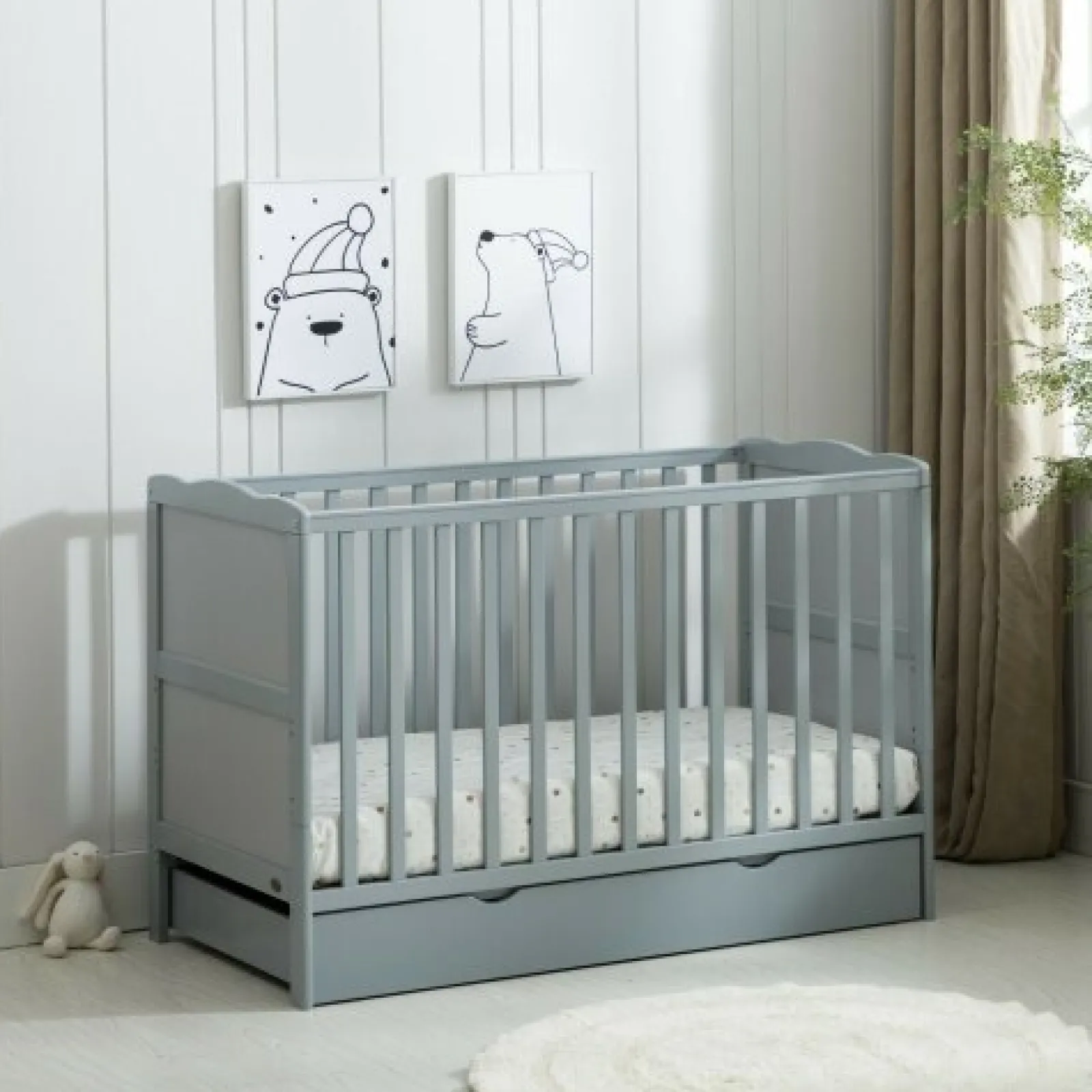 Kinder Little Helper Öko-Kinderbett PEBBLES aus neuseeländischer Kiefer, höhenverstellbar, 2-in-1 | Stauraum unter dem Bett | Juniorbett | Warmes Grau