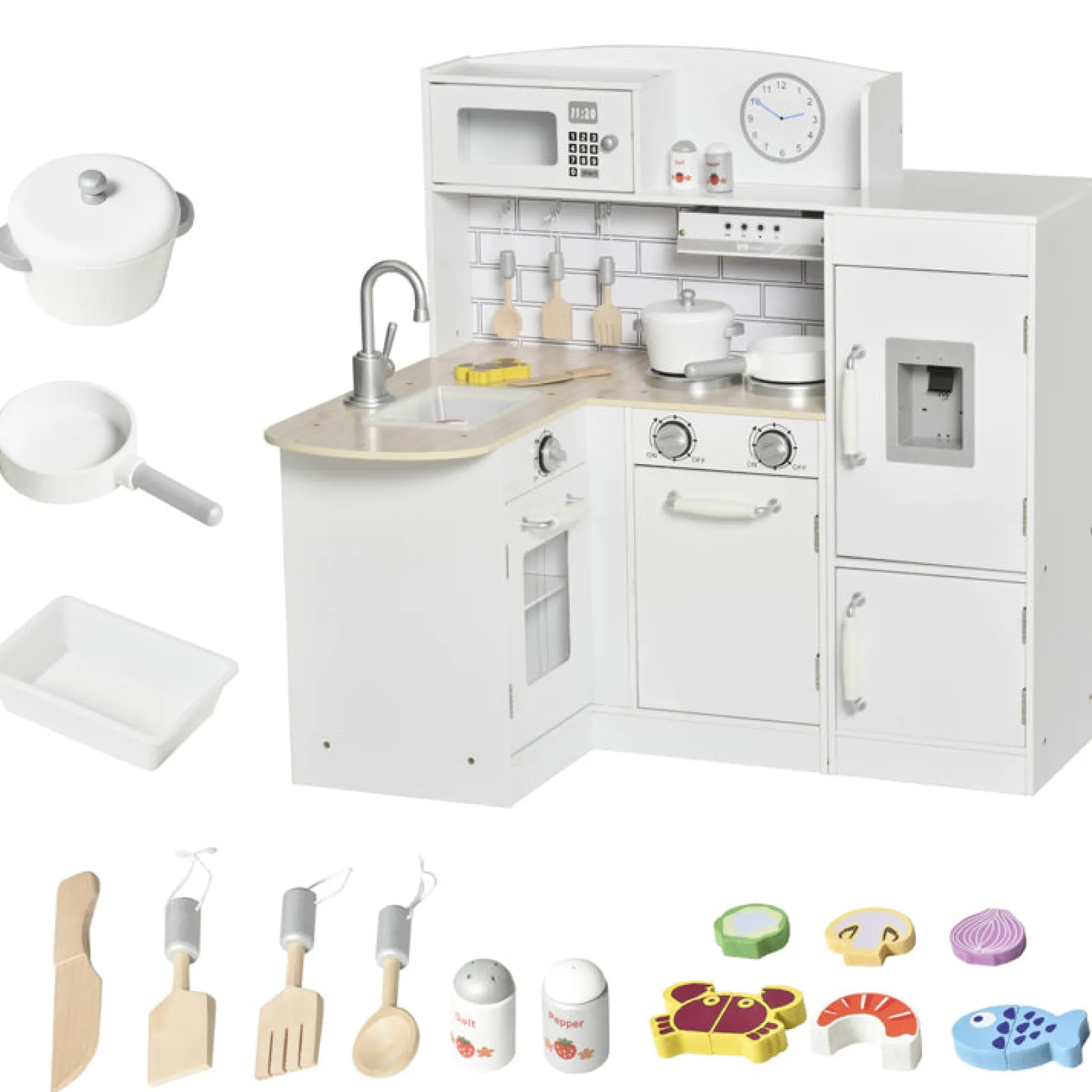 Little Helper Luxuriöse Montessori-Spielküche Aus Holz | Funktionierender Wasserspender | Mikrowelle | Uhr | 14 Zubehörteile