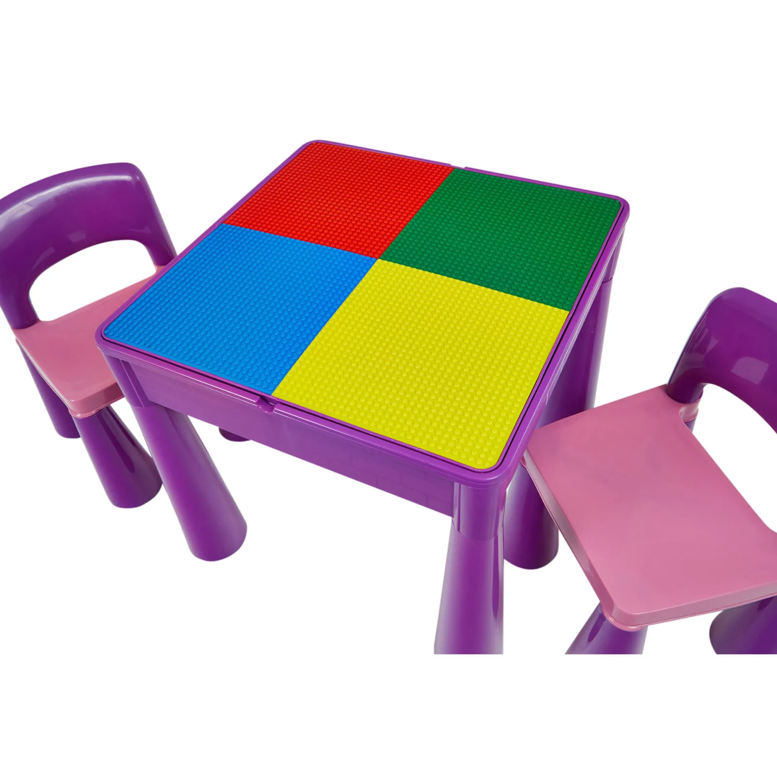 Kinder Little Helper Mehrzweck-Set aus Kunststoff für drinnen und draußen mit Tisch und 2 Stühlen | Lego-Brett | Sand- und Wasserkasten | Violett