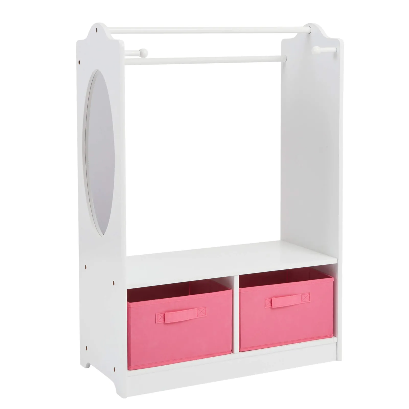 Kinder Little Helper Moderne Montessori-Kinderkleiderstange aus Holz mit Aufbewahrung und Spiegel | 90 cm hoch | Weiß und Rosa