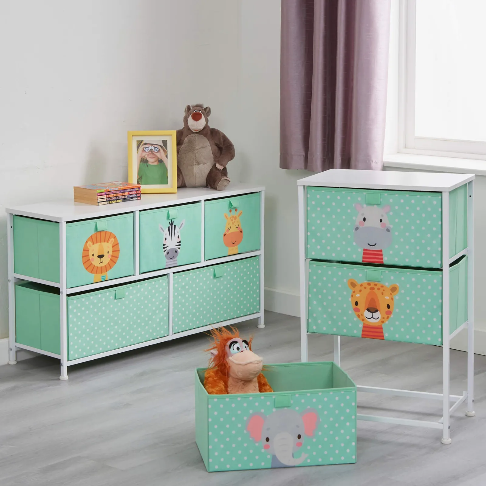 Kinder Little Helper Montessori Dschungelsafari Spielzeugaufbewahrung mit Schubladen | Nachttisch für Kinder | 73 x 45 x 30 cm