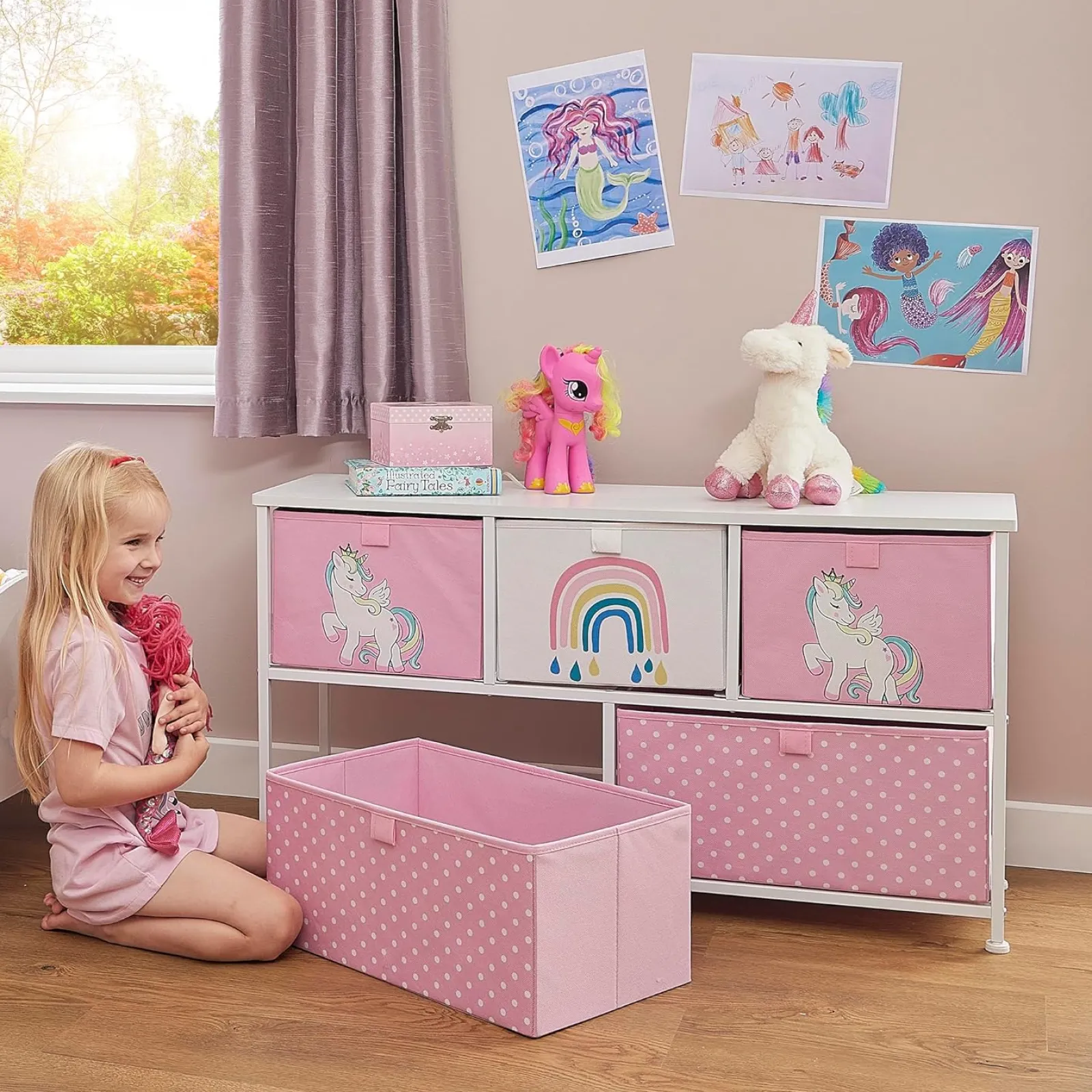 Kinder Little Helper Montessori Einhorn Große Spielzeugaufbewahrung mit Schubladen | 1 m breit x 55 cm hoch | 2 Jahre+