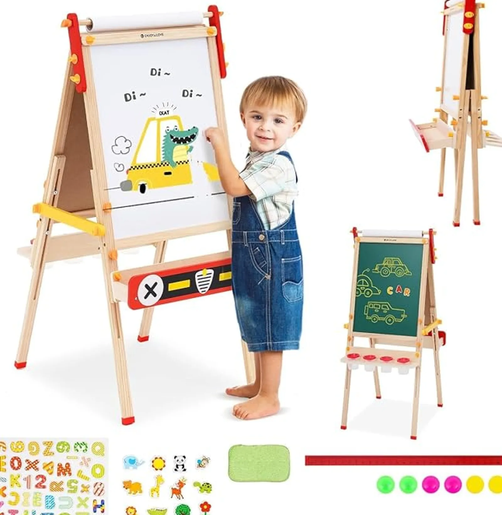 Kinder Little Helper Montessori Höhenverstellbare Öko-Klappstaffelei Aus Holz | Whiteboard, Tafel | Papierrolle | Großes Zubehörpaket | 3-8 Jahre